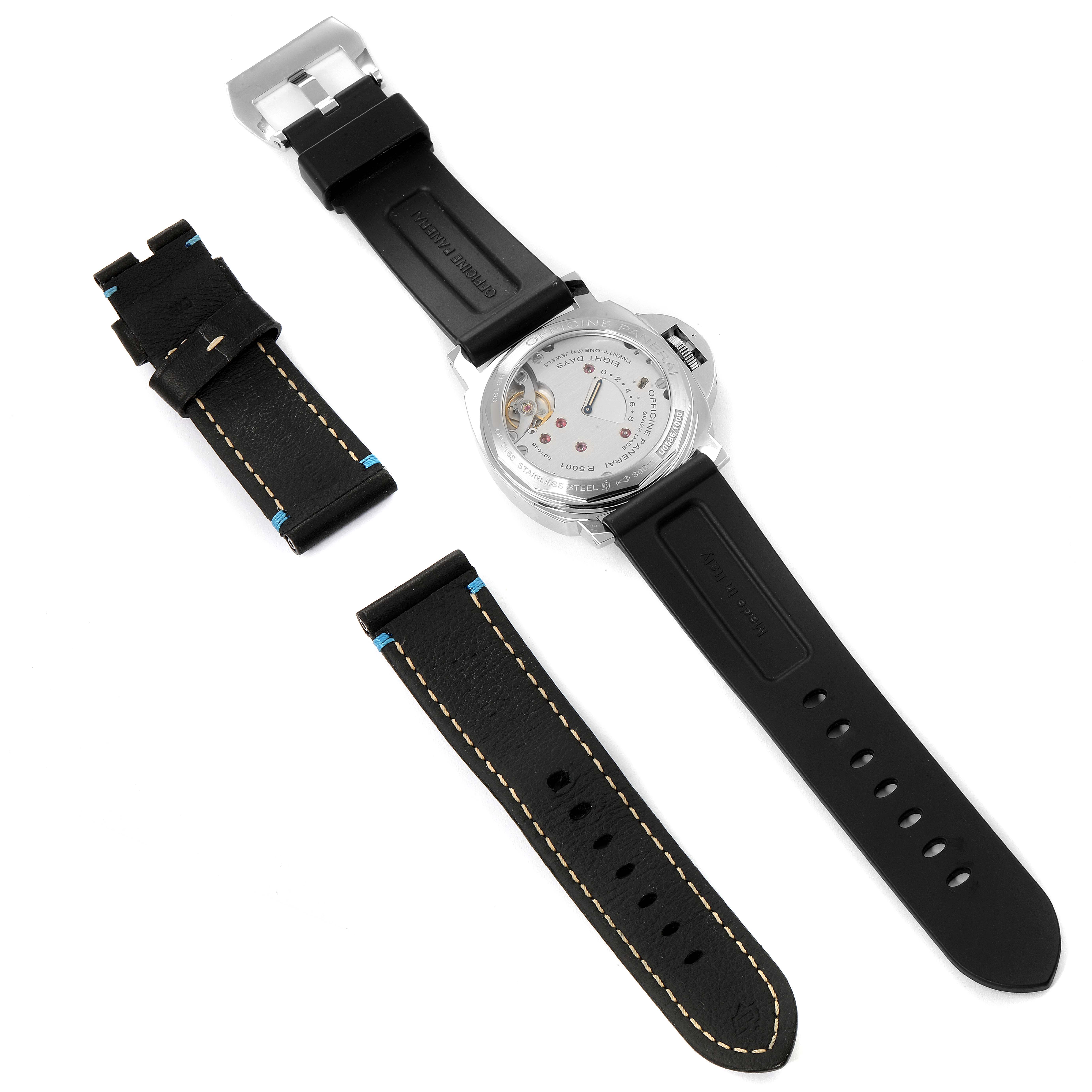 The image shows the back view of a Panerai Luminor PAM00796 Men
s Stainless Steel Black Dial PAM00796 Men
s Stainless Steel Black Dial watch with detached interchangeable leather and rubber straps.