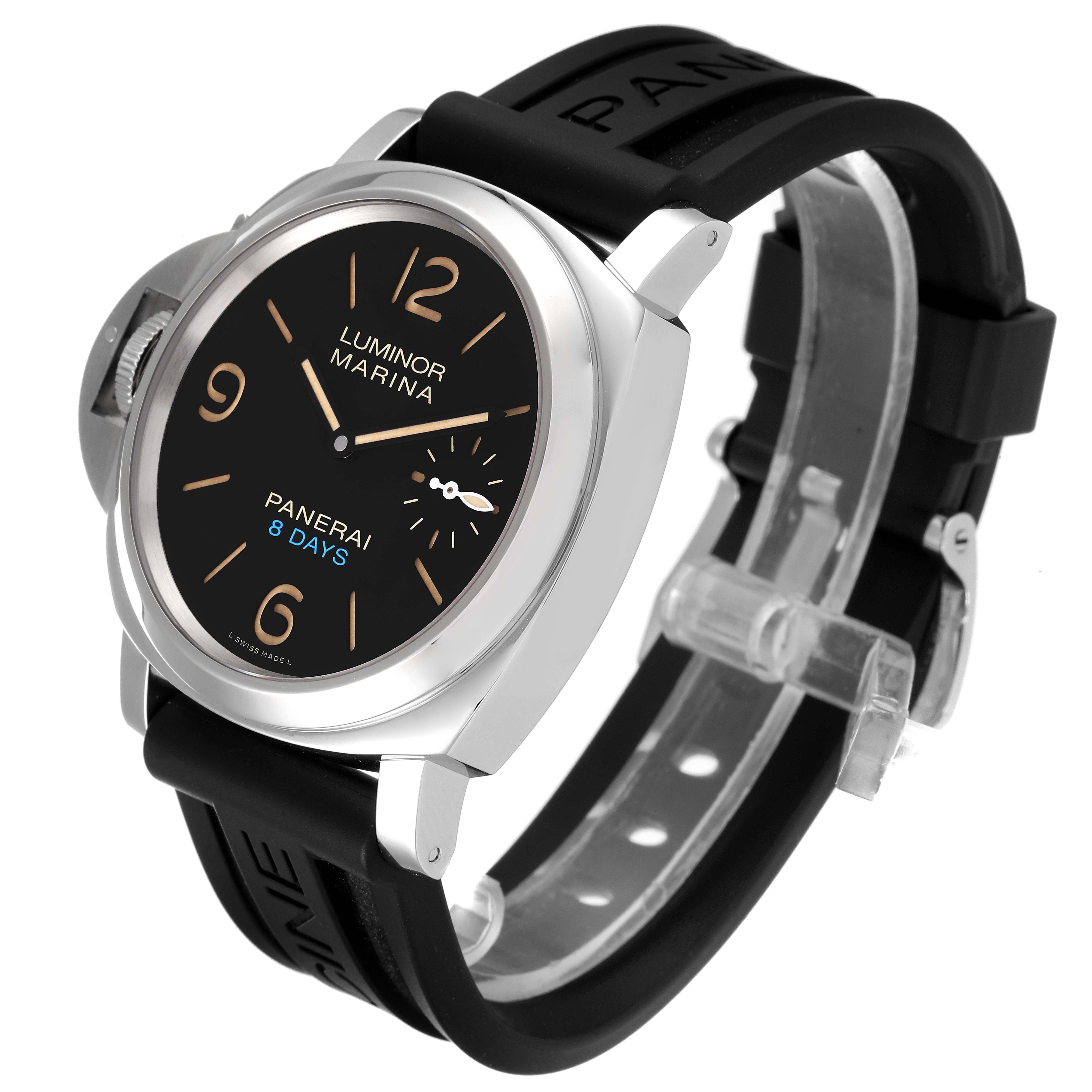 The Panerai Luminor PAM00796 Men
s Stainless Steel Black Dial PAM00796 Men
s Stainless Steel Black Dial Marina watch is shown at an angle showcasing the face, crown guard, and rubber strap.