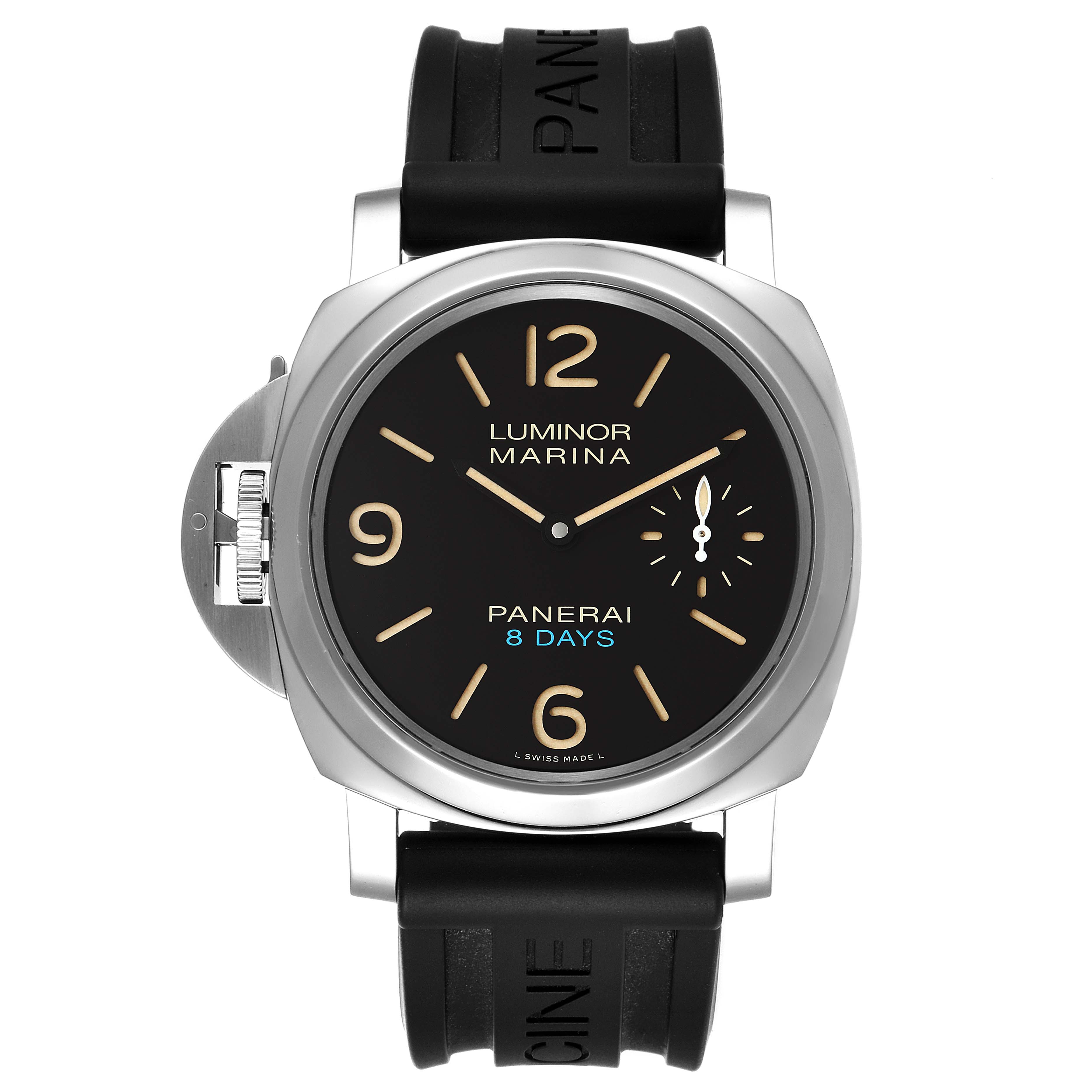 The Panerai Luminor PAM00796 Men
s Stainless Steel Black Dial PAM00796 Men
s Stainless Steel Black Dial Marina watch is shown from a front angle, highlighting the dial, case, and rubber strap.