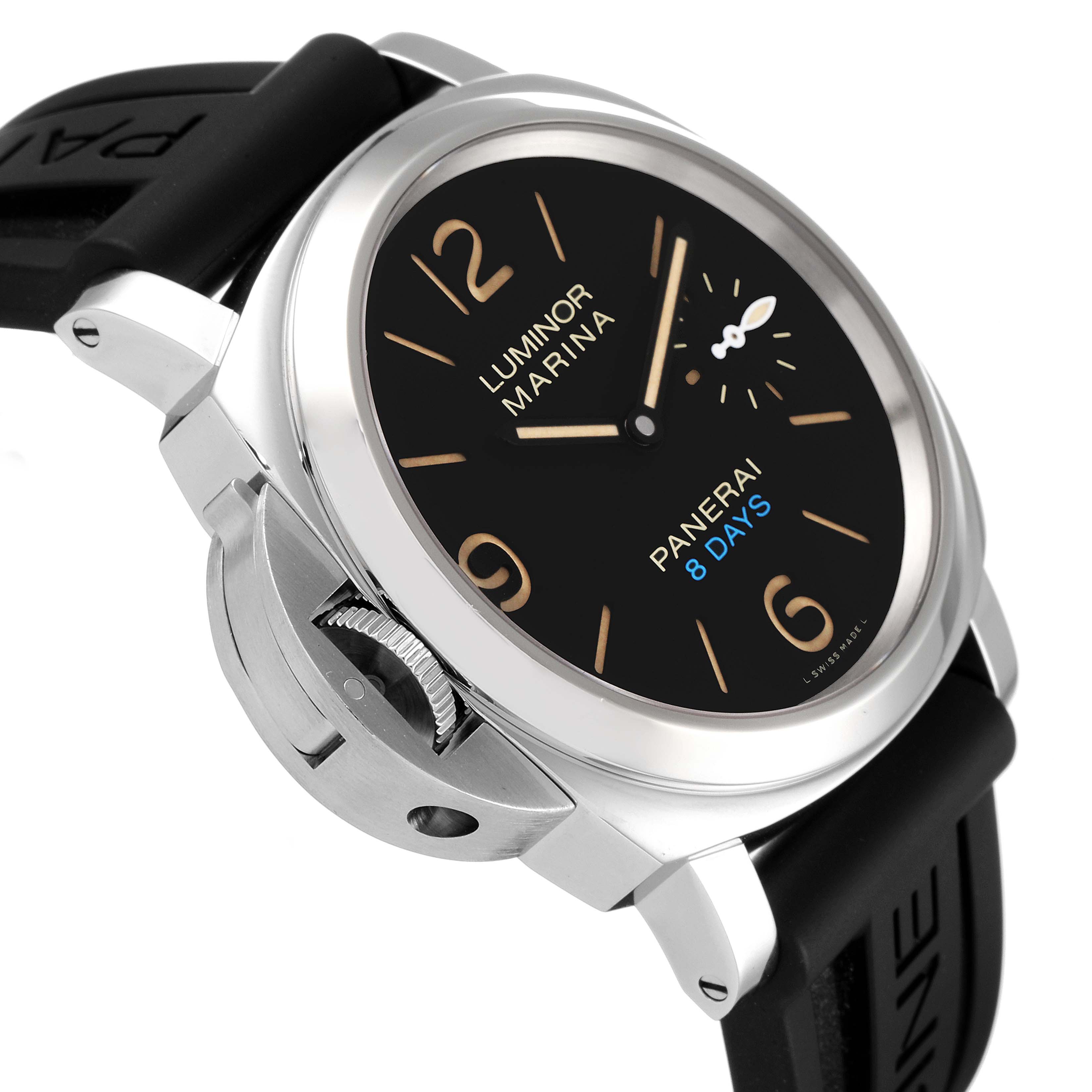 The image shows a Panerai Luminor PAM00796 Men
s Stainless Steel Black Dial PAM00796 Men
s Stainless Steel Black Dial watch angled to display the face, crown guard, and black rubber strap.