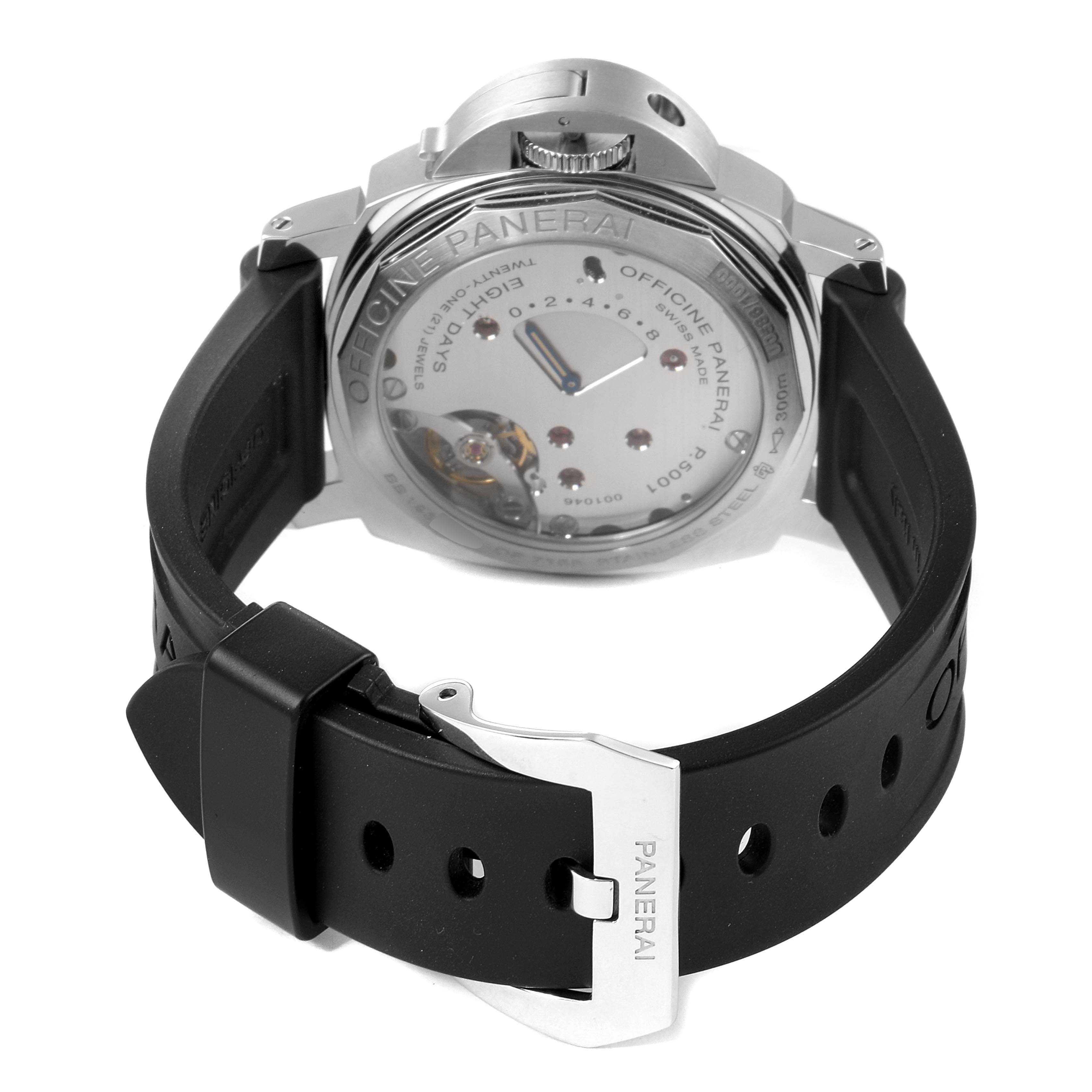 The image shows the back view of a Panerai Luminor PAM00796 Men
s Stainless Steel Black Dial PAM00796 Men
s Stainless Steel Black Dial watch, highlighting its transparent case back and black rubber strap.