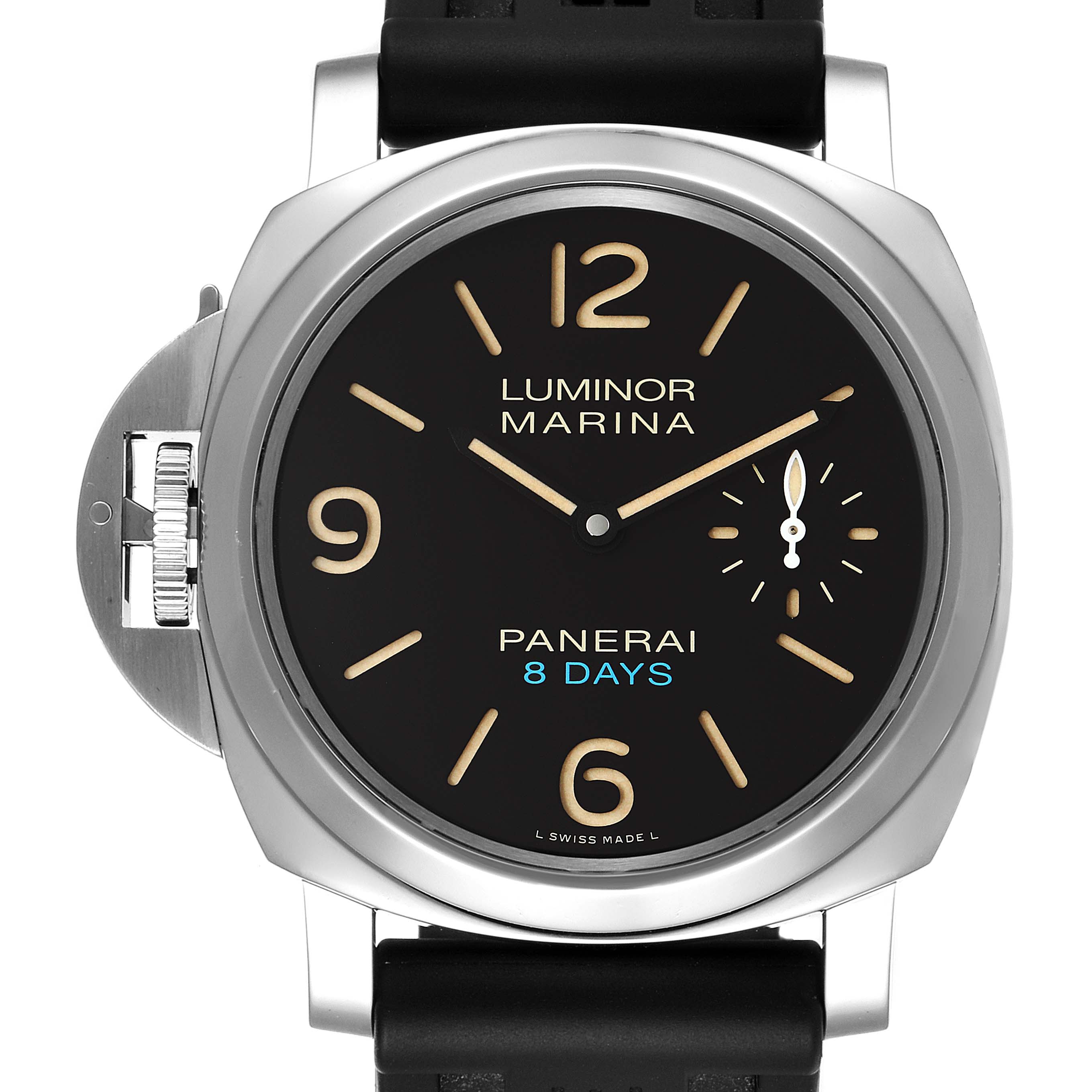 The image shows a front view of the Panerai Luminor PAM00796 Men
s Stainless Steel Black Dial PAM00796 Men
s Stainless Steel Black Dial Marina watch, highlighting its black dial, crown guard, and leather strap.