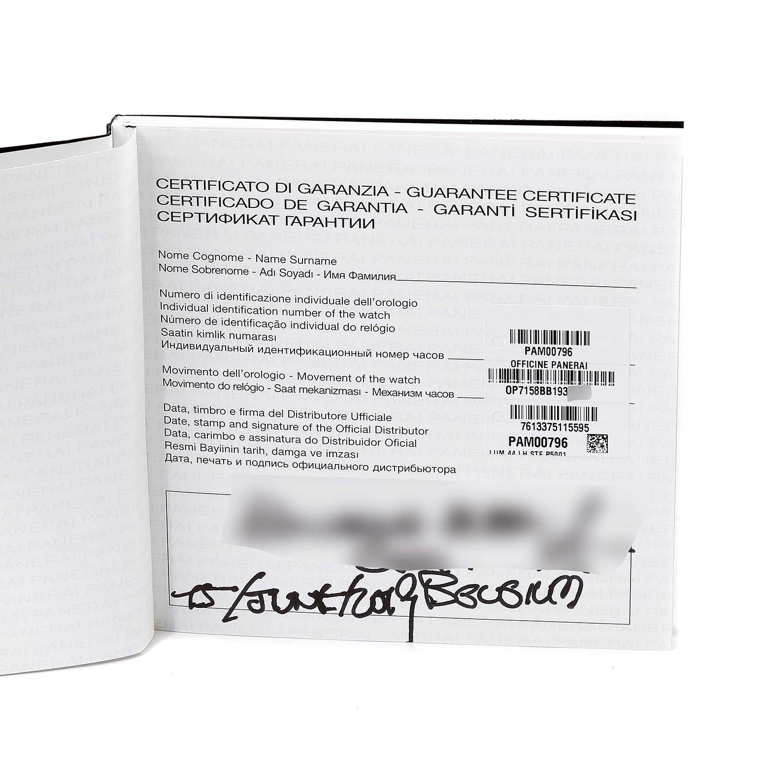 This image shows a guarantee certificate for a Panerai Luminor PAM00796 Men
s Stainless Steel Black Dial PAM00796 Men
s Stainless Steel Black Dial watch, including identification numbers and a signature.