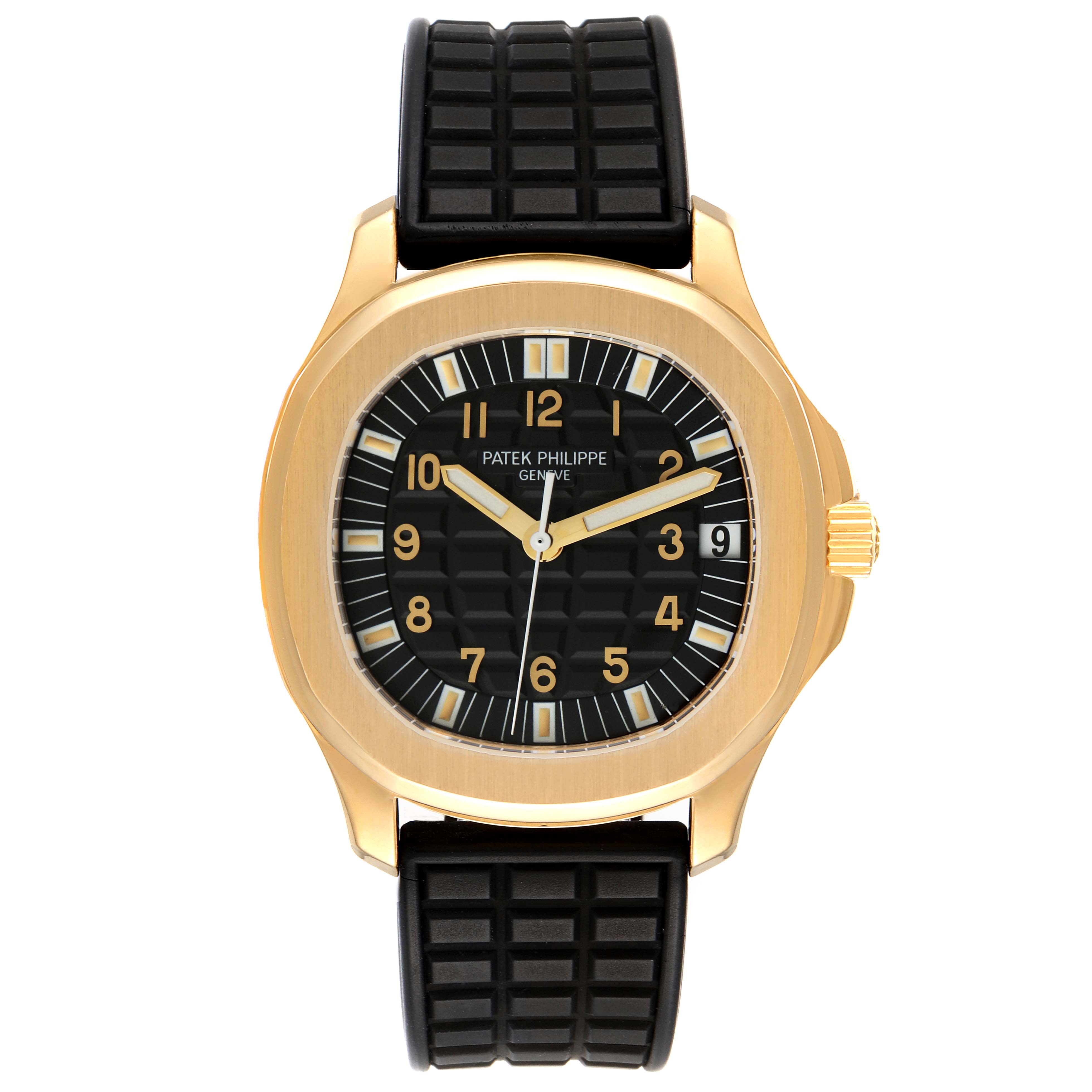 This image shows a front view of the Patek Philippe Aquanaut 5065J Men's Yellow Gold Black Dial 5065J Men's Yellow Gold Black Dial watch, displaying its black dial, gold-tone case, and black strap.