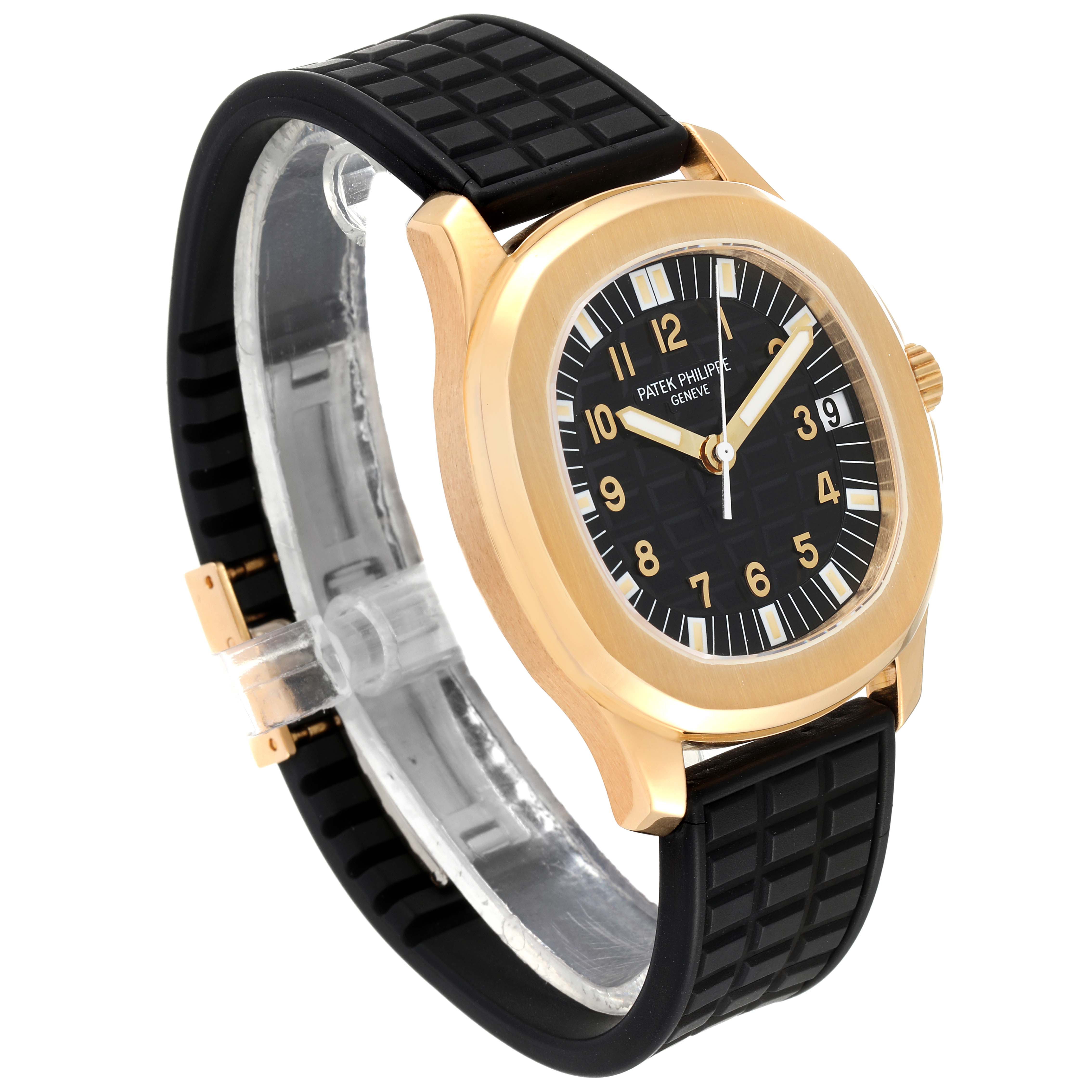 The Patek Philippe Aquanaut 5065J Men's Yellow Gold Black Dial 5065J Men's Yellow Gold Black Dial watch is shown from an oblique angle, displaying the face, case, and strap.