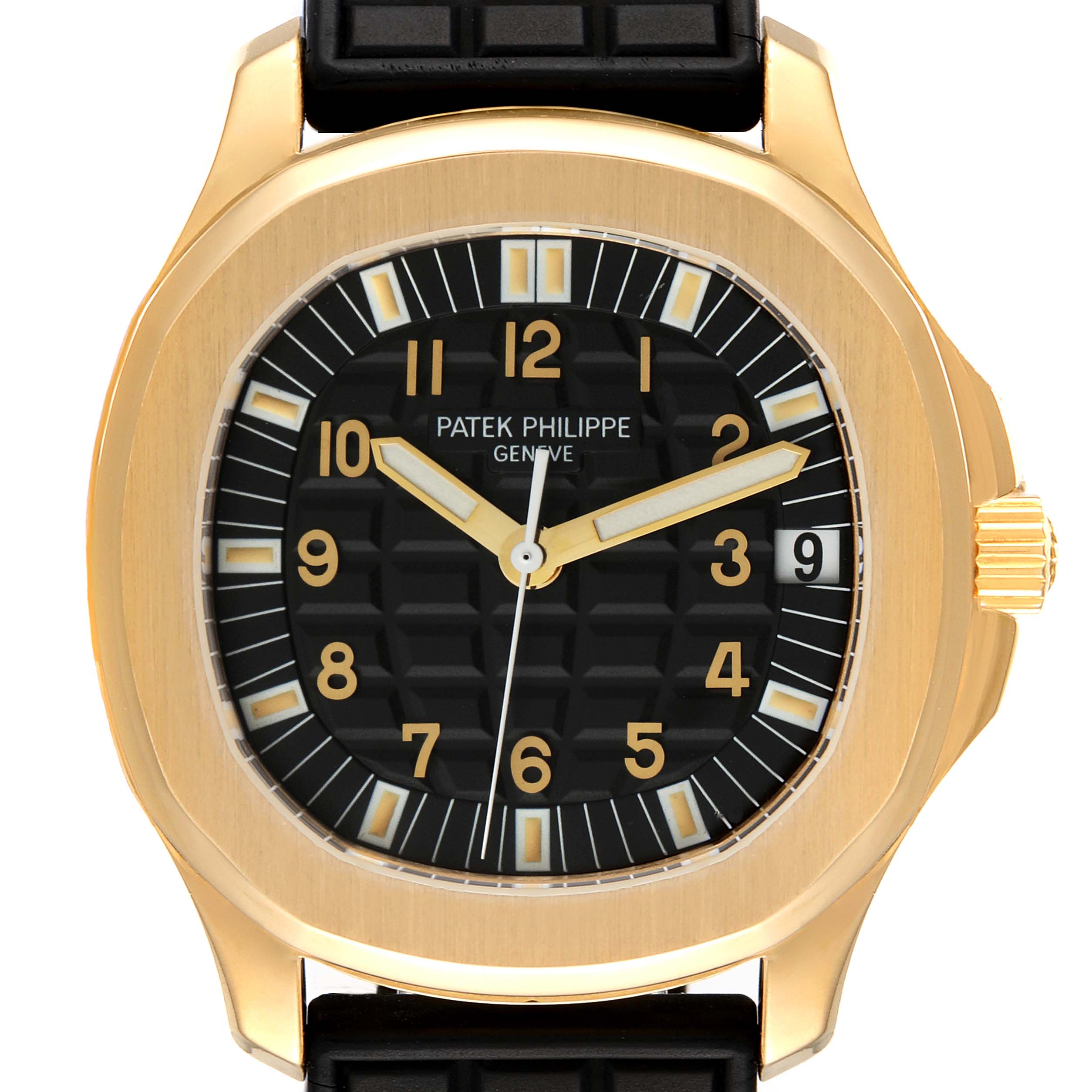This image shows a front view of the Patek Philippe Aquanaut 5065J Men's Yellow Gold Black Dial 5065J Men's Yellow Gold Black Dial watch, highlighting its dial, bezel, and a portion of the band.