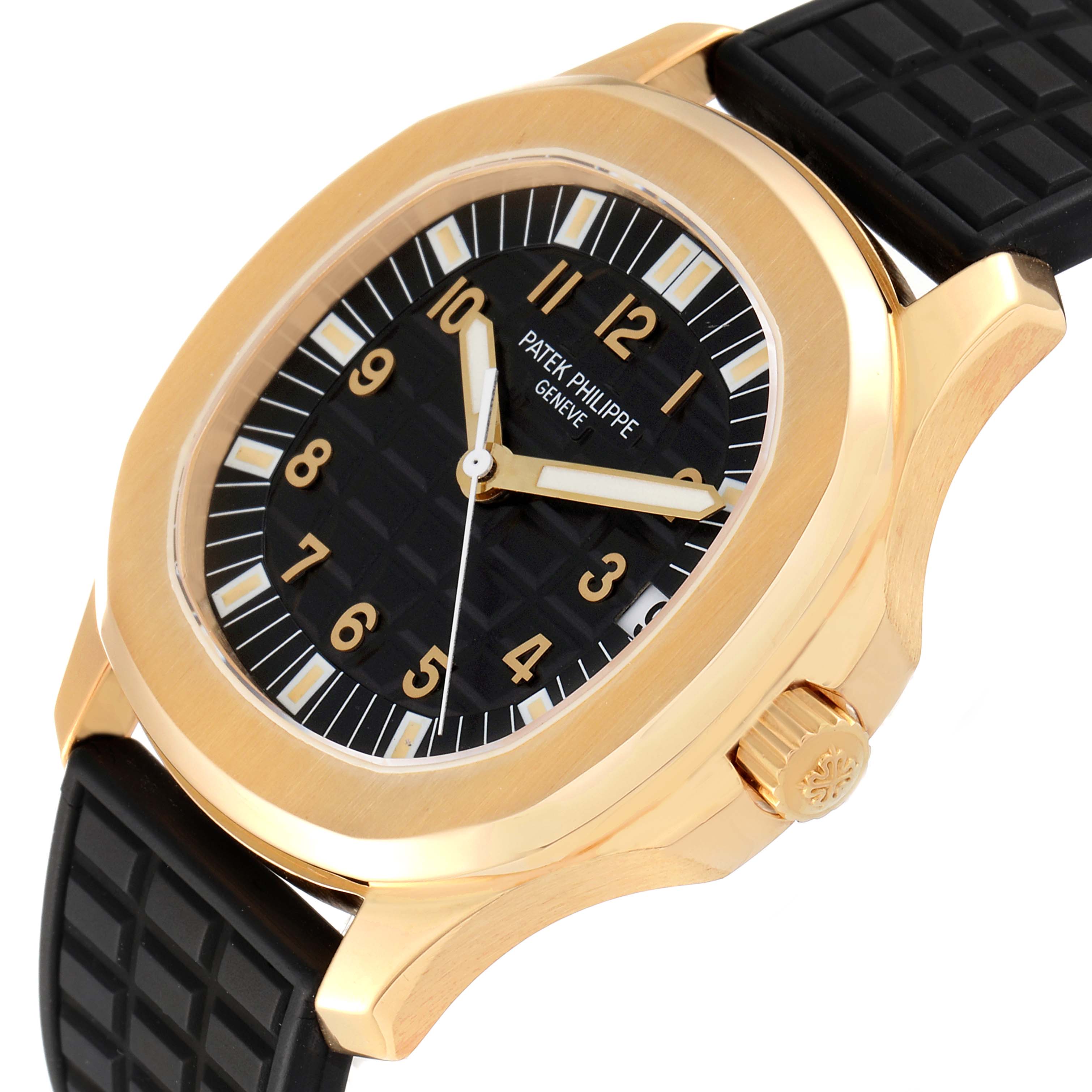 This image shows a Patek Philippe Aquanaut 5065J Men's Yellow Gold Black Dial 5065J Men's Yellow Gold Black Dial watch from an angled front view, highlighting the dial, case, and crown.