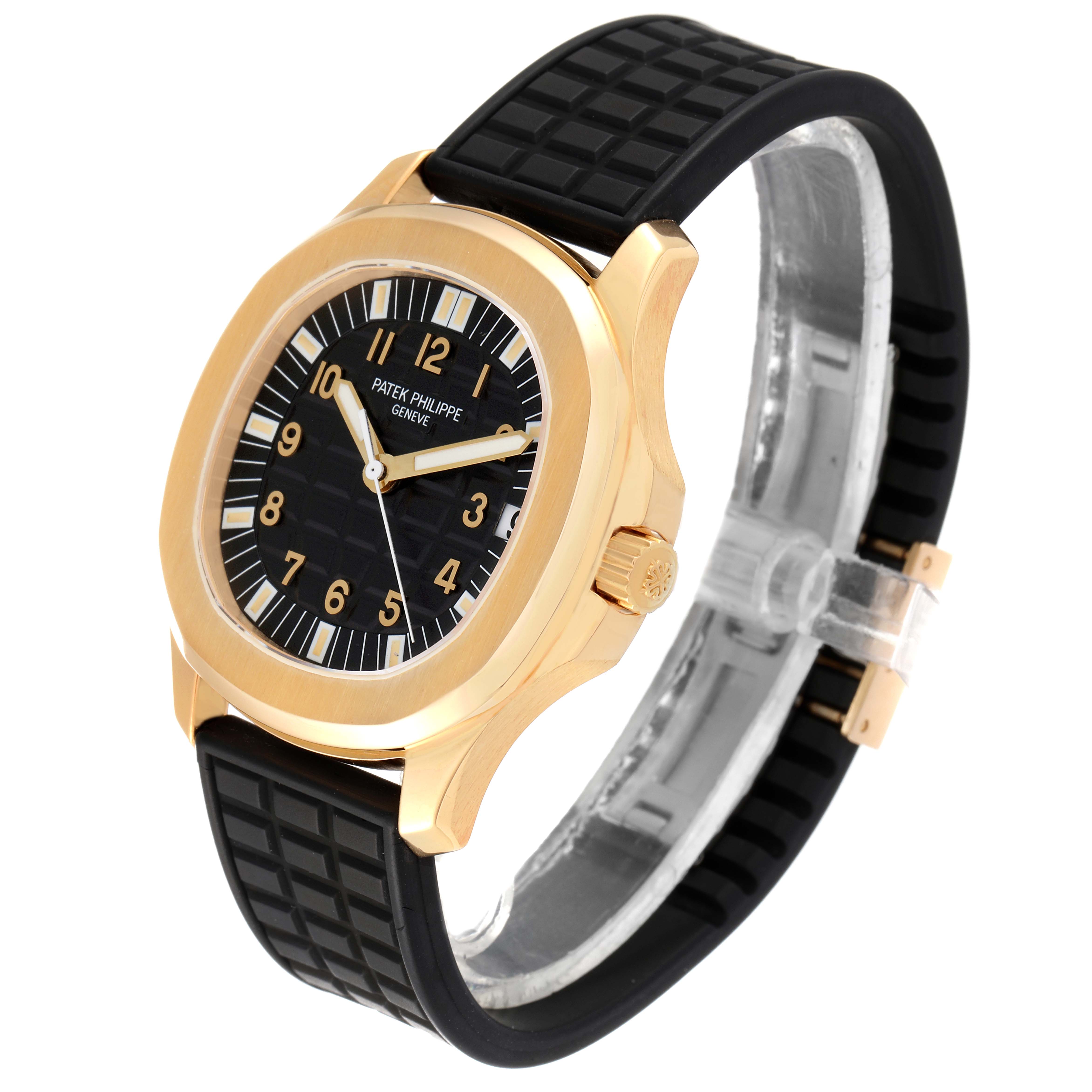 The image shows a Patek Philippe Aquanaut 5065J Men's Yellow Gold Black Dial 5065J Men's Yellow Gold Black Dial watch from a three-quarter angle, highlighting the black dial, gold case, and black strap.