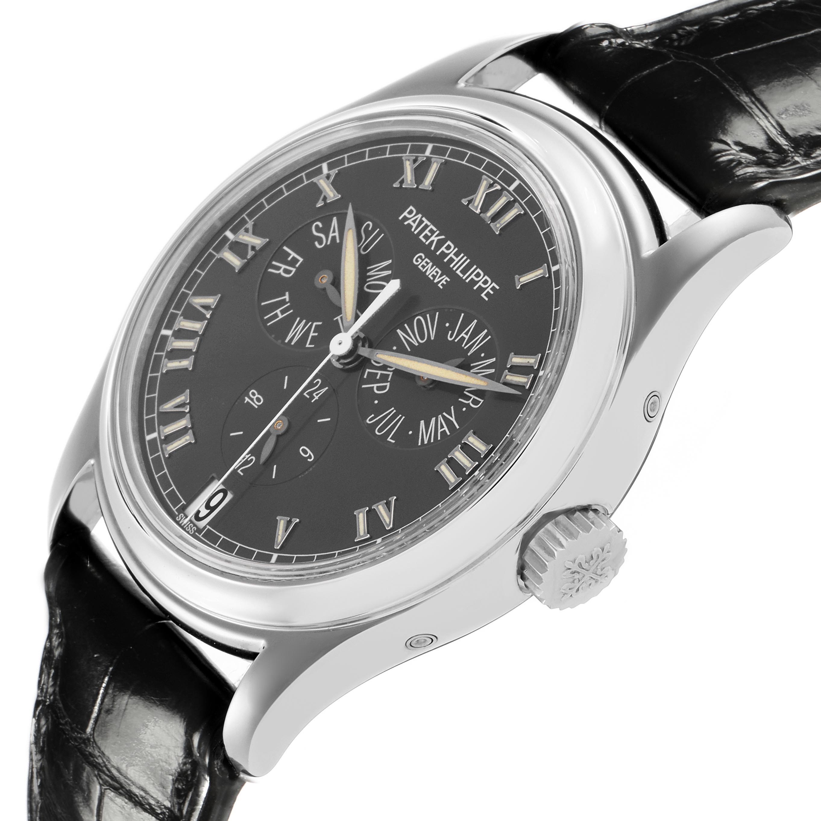 The Patek Philippe Complications 5035P-024 Men's Platinum Grey Dial 5035P-024 Men's Platinum Grey Dial watch is shown at a three-quarter angle highlighting the face, crown, and leather strap.