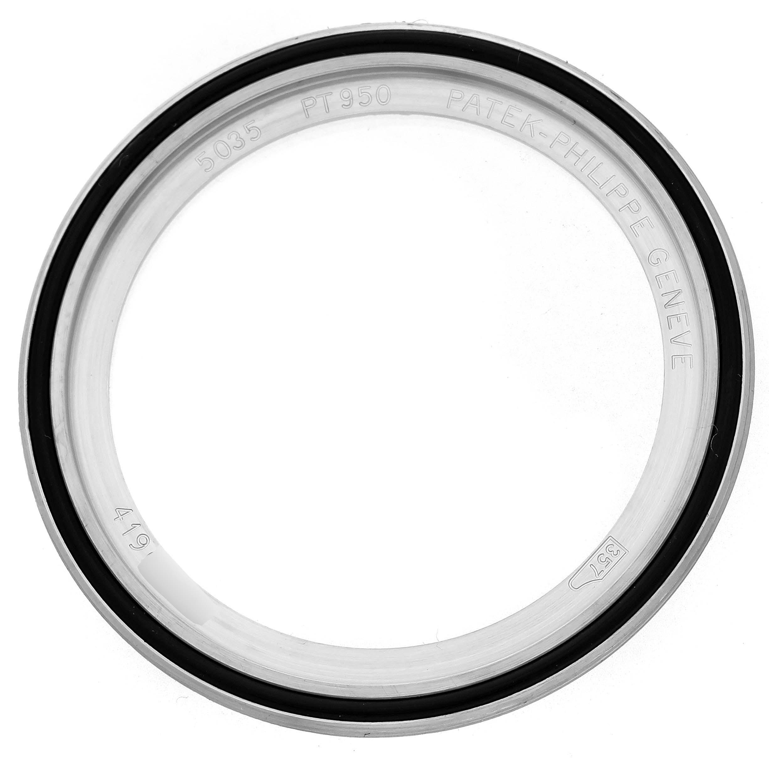 The image shows a circular case back for a Patek Philippe Complications 5035P-024 Men's Platinum Grey Dial 5035P-024 Men's Platinum Grey Dial watch, viewed from above.