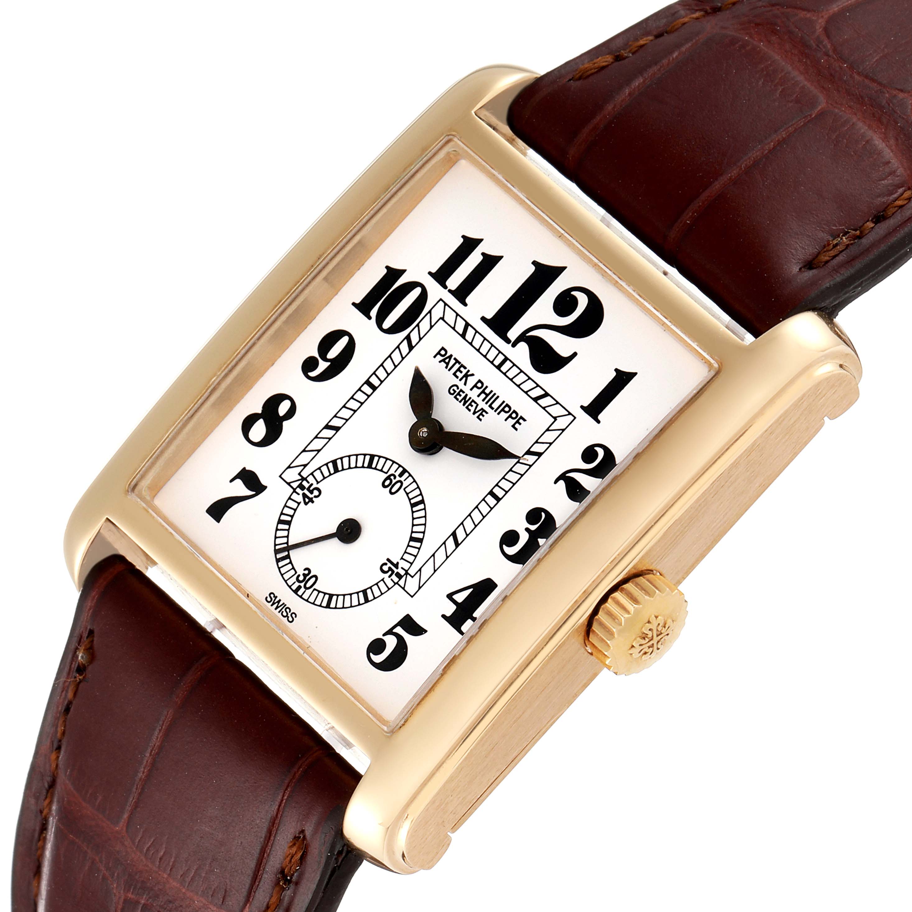 This image shows a close-up view of the Patek Philippe Gondolo 5014J Men's Yellow Gold White Dial 5014J Men's Yellow Gold White Dial watch, highlighting its dial, crown, and brown leather strap.