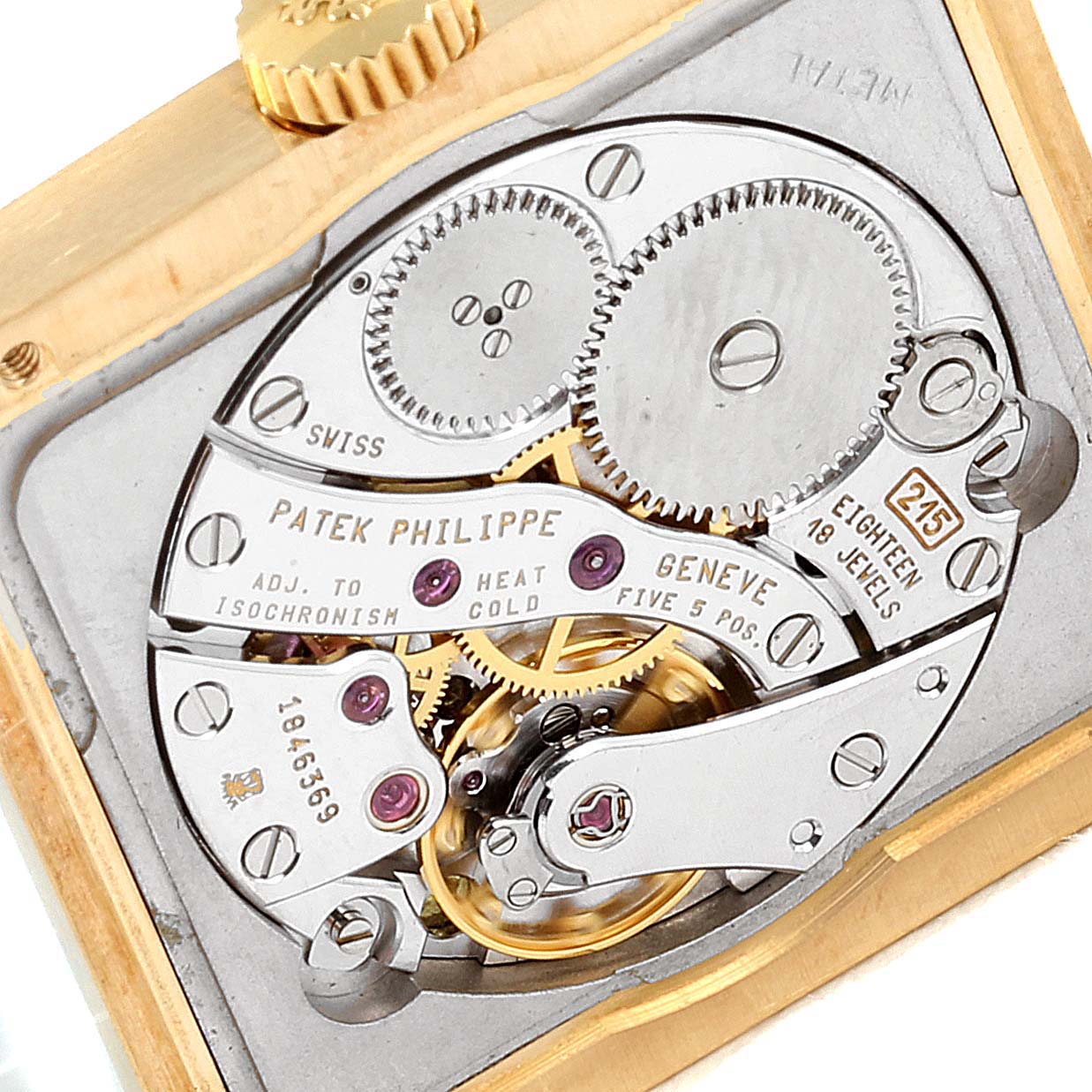 This image shows the intricate movement and inner mechanism of the Patek Philippe Gondolo 5014J Men's Yellow Gold White Dial 5014J Men's Yellow Gold White Dial watch.