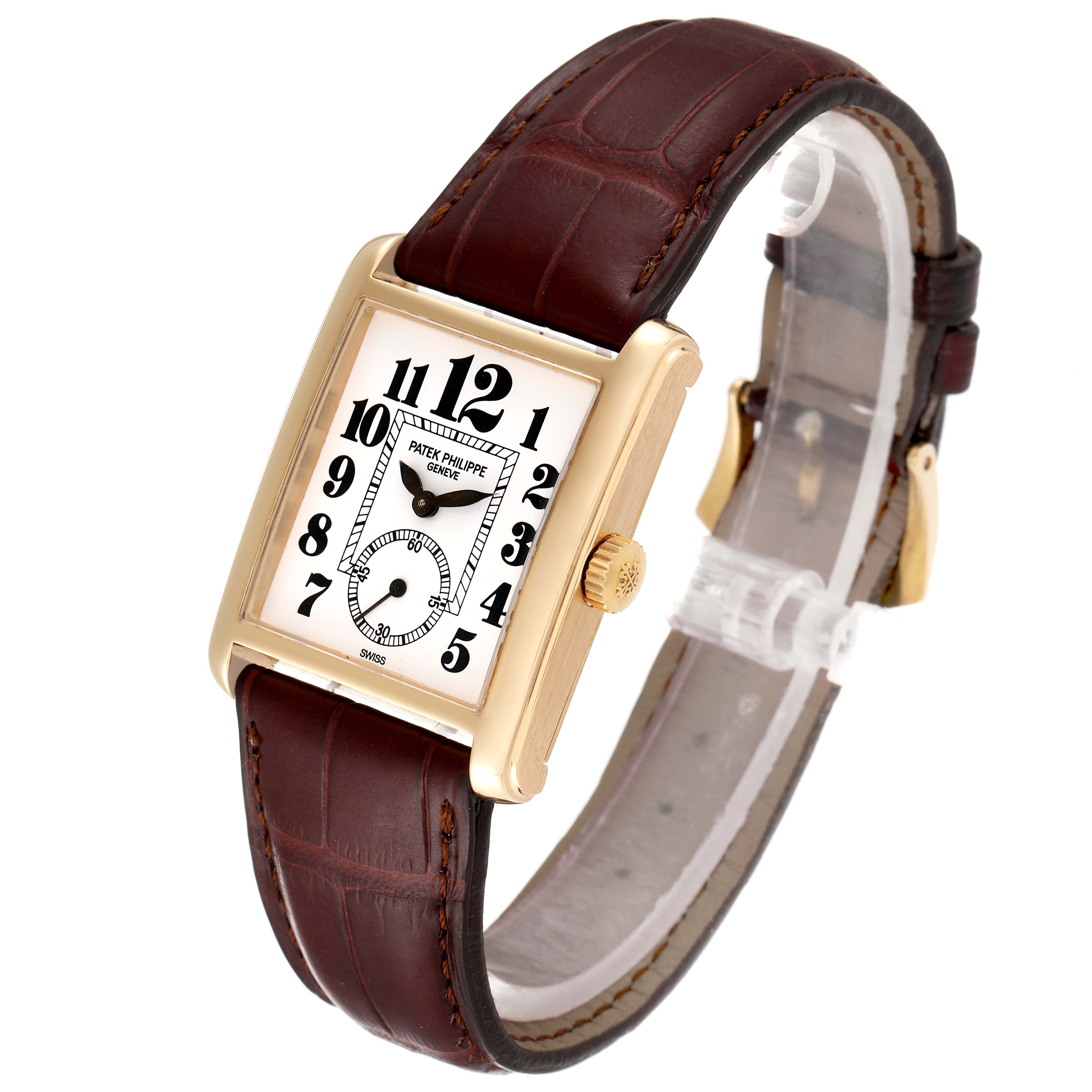 The image shows a Patek Philippe Gondolo 5014J Men's Yellow Gold White Dial 5014J Men's Yellow Gold White Dial watch angled slightly to display the face, crown, and leather strap.