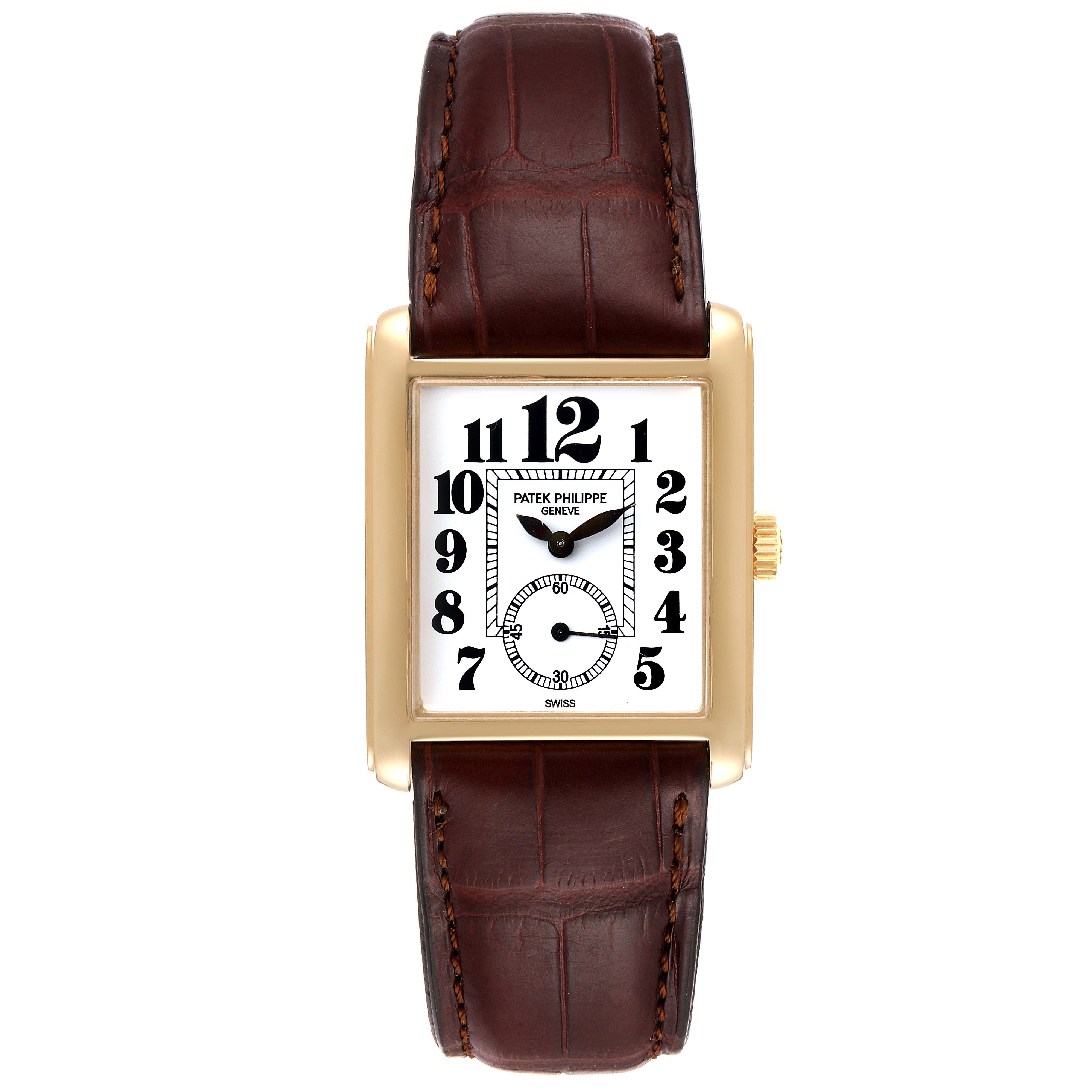 The Patek Philippe Gondolo 5014J Men's Yellow Gold White Dial 5014J Men's Yellow Gold White Dial watch is shown from the front angle, displaying the dial and brown leather strap.