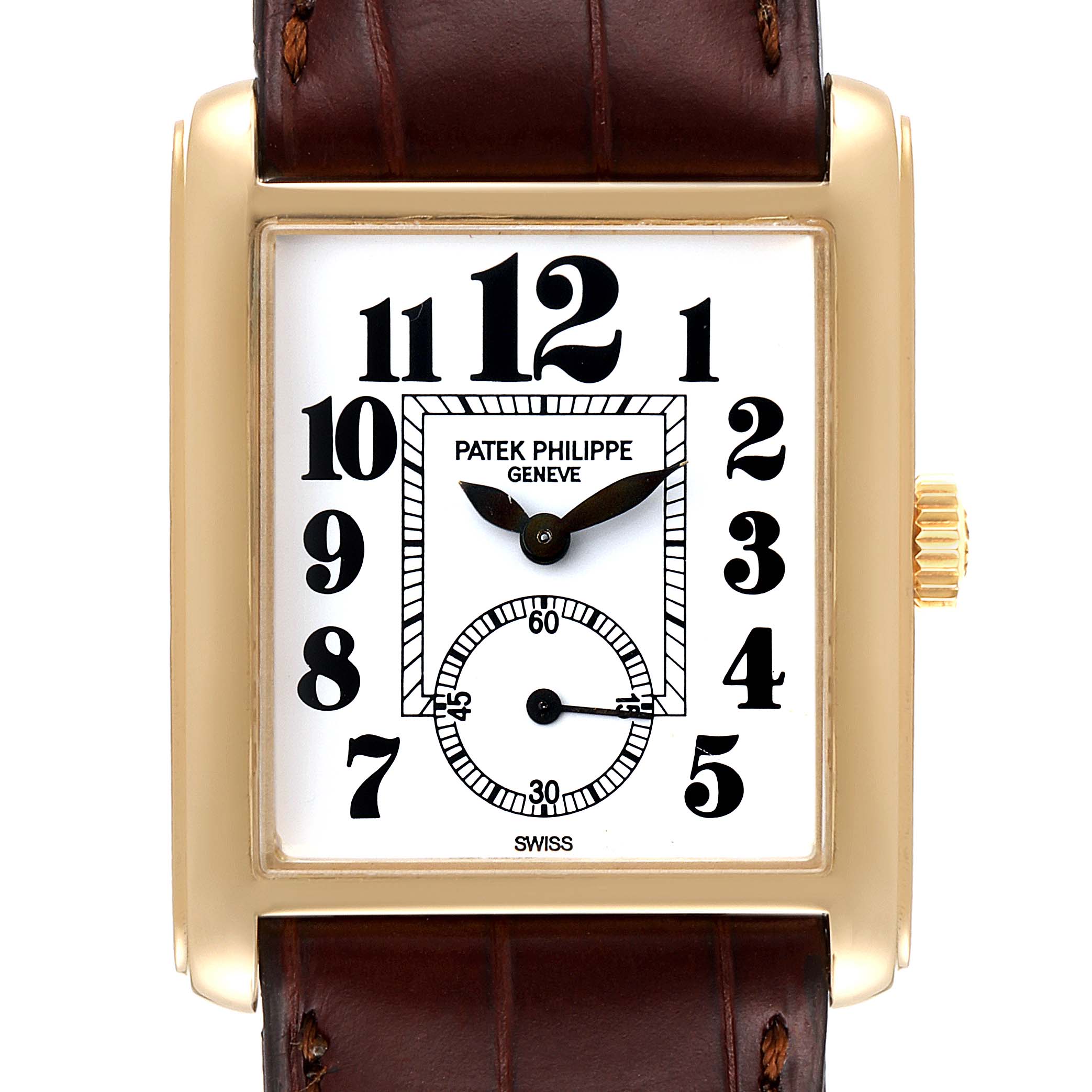 The image shows a frontal view of the dial and crown of the Patek Philippe Gondolo 5014J Men's Yellow Gold White Dial 5014J Men's Yellow Gold White Dial watch, highlighting the face and leather strap.