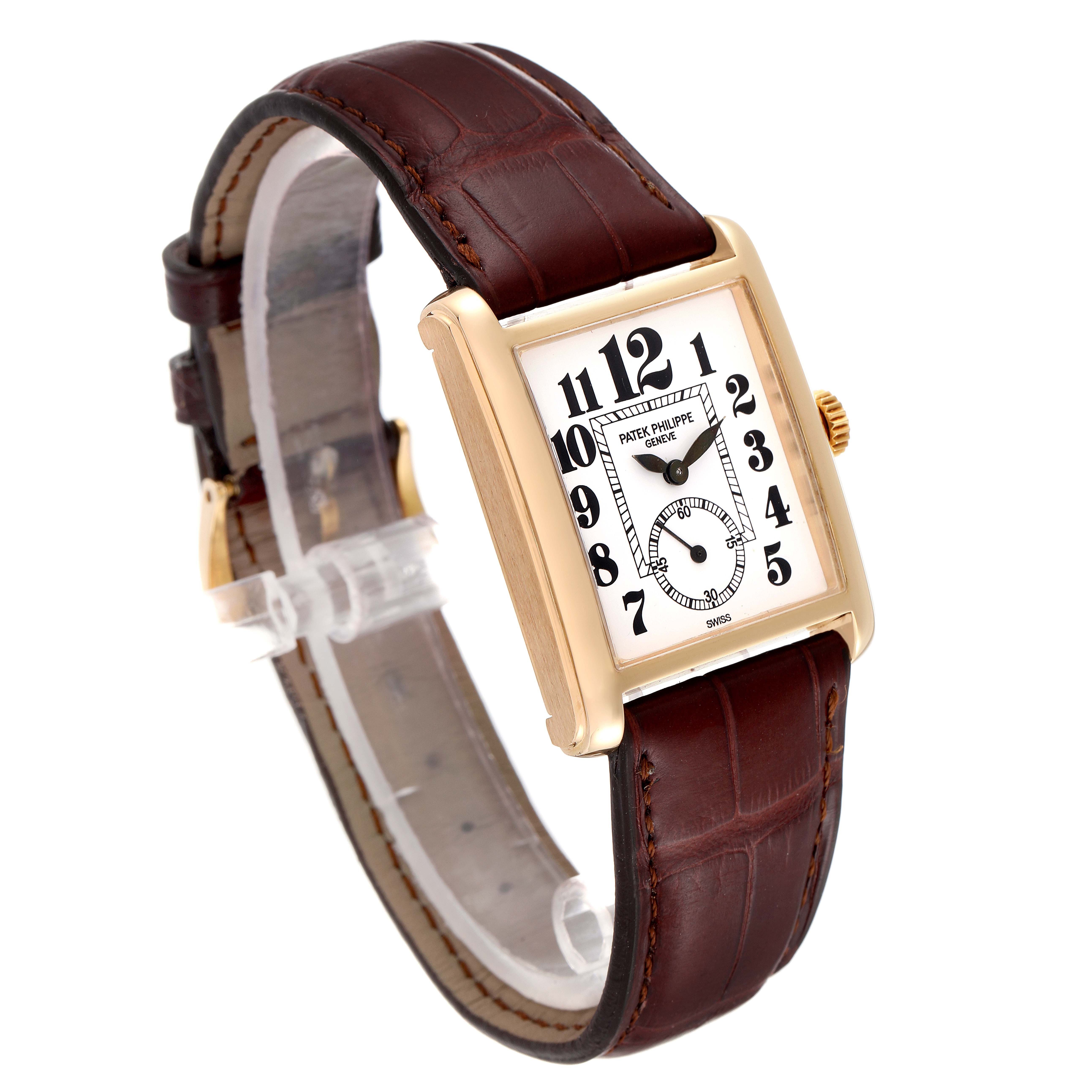 The image shows a Patek Philippe Gondolo 5014J Men's Yellow Gold White Dial 5014J Men's Yellow Gold White Dial watch at a three-quarter angle, highlighting its rectangular dial and brown leather strap.