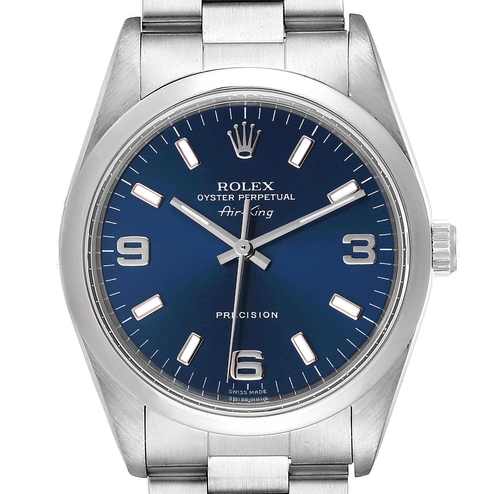 This image shows a frontal view of a Rolex Air-King 14000 Men's Stainless Steel Blue Dial 14000 Men's Stainless Steel Blue Dial watch, displaying its dial, hour markers, hands, and part of the metal band.