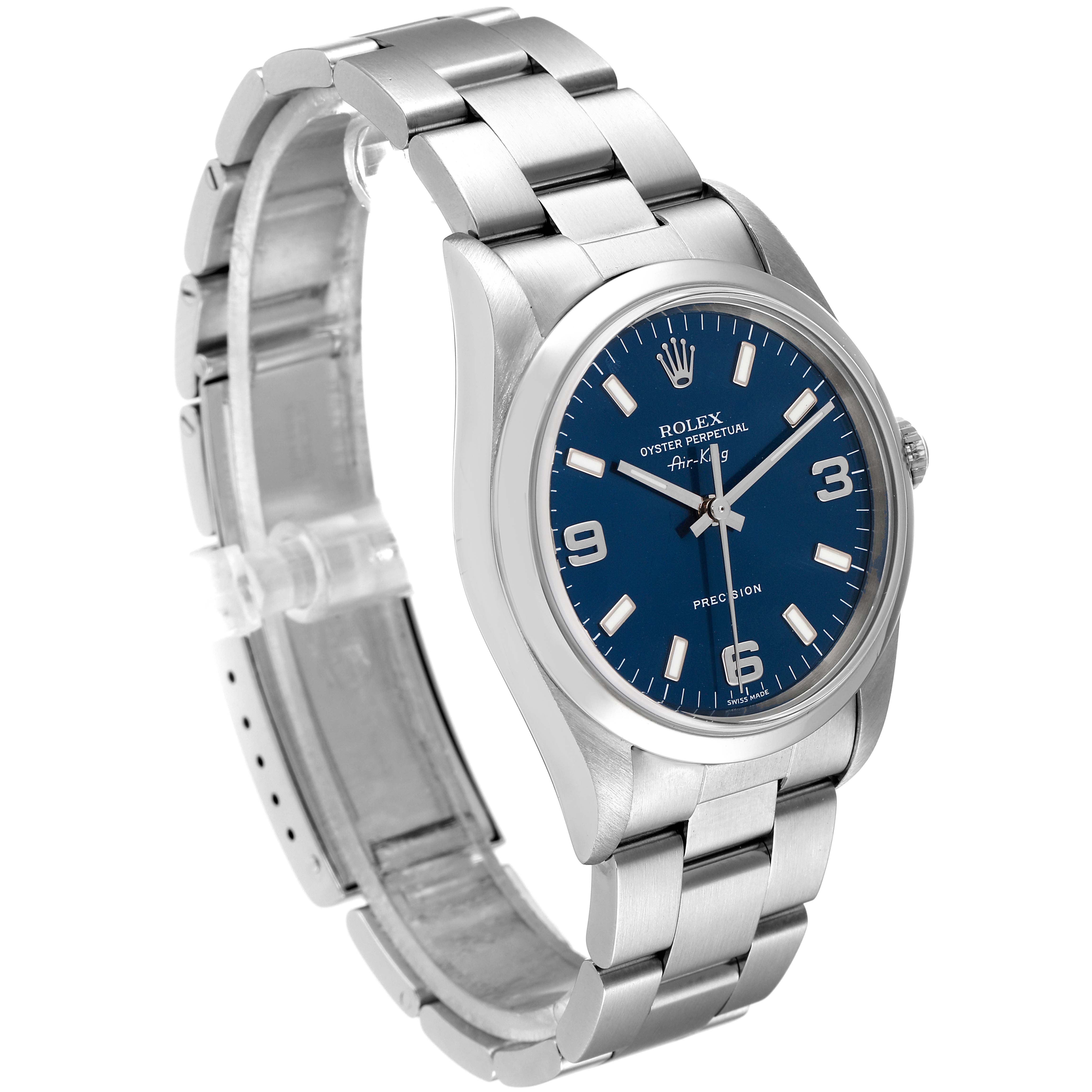 The image shows the Rolex Air-King 14000 Men's Stainless Steel Blue Dial 14000 Men's Stainless Steel Blue Dial watch from a three-quarter angle, highlighting the bracelet, case, and face.