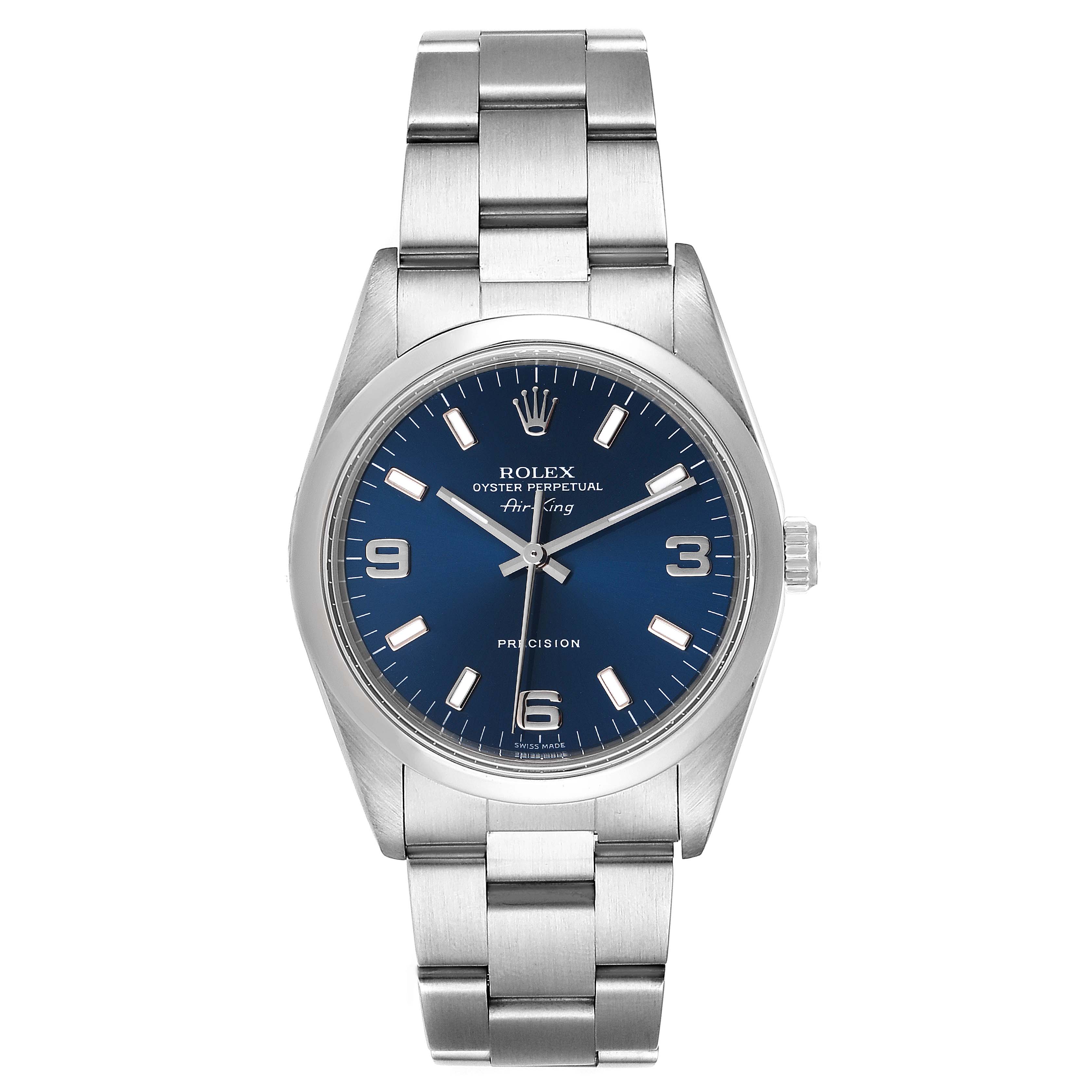 The image shows a Rolex Air-King 14000 Men's Stainless Steel Blue Dial 14000 Men's Stainless Steel Blue Dial watch from a front angle, highlighting the face, bracelet, and crown.