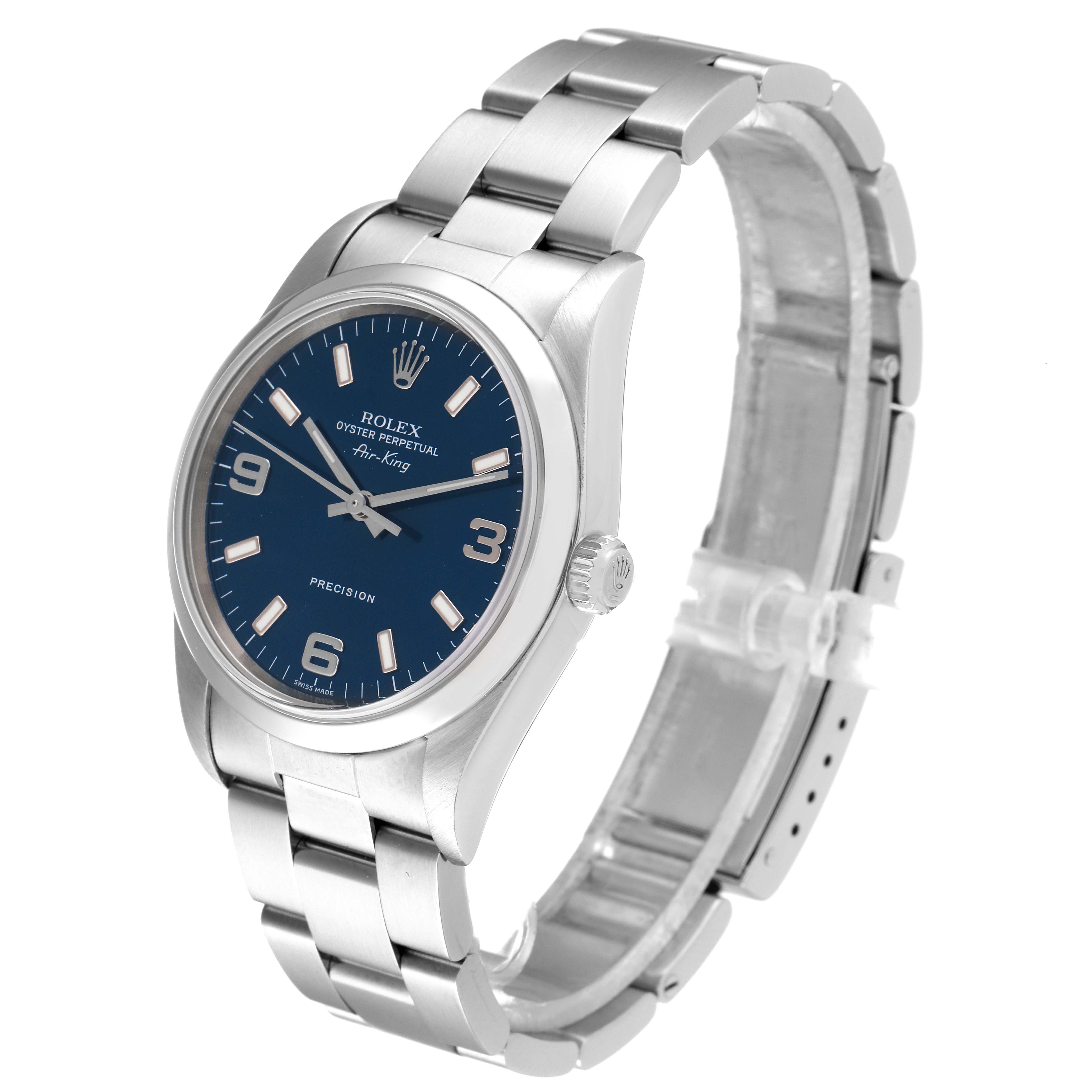 The image shows a Rolex Air-King 14000 Men's Stainless Steel Blue Dial 14000 Men's Stainless Steel Blue Dial watch from a front perspective, highlighting the face, bezel, crown, and bracelet.