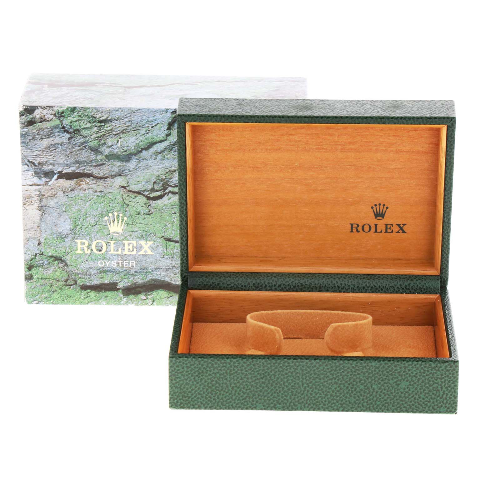 The image shows an open green and wooden Rolex box with the brand logo, for the Air-King model watch, along with its outer packaging.