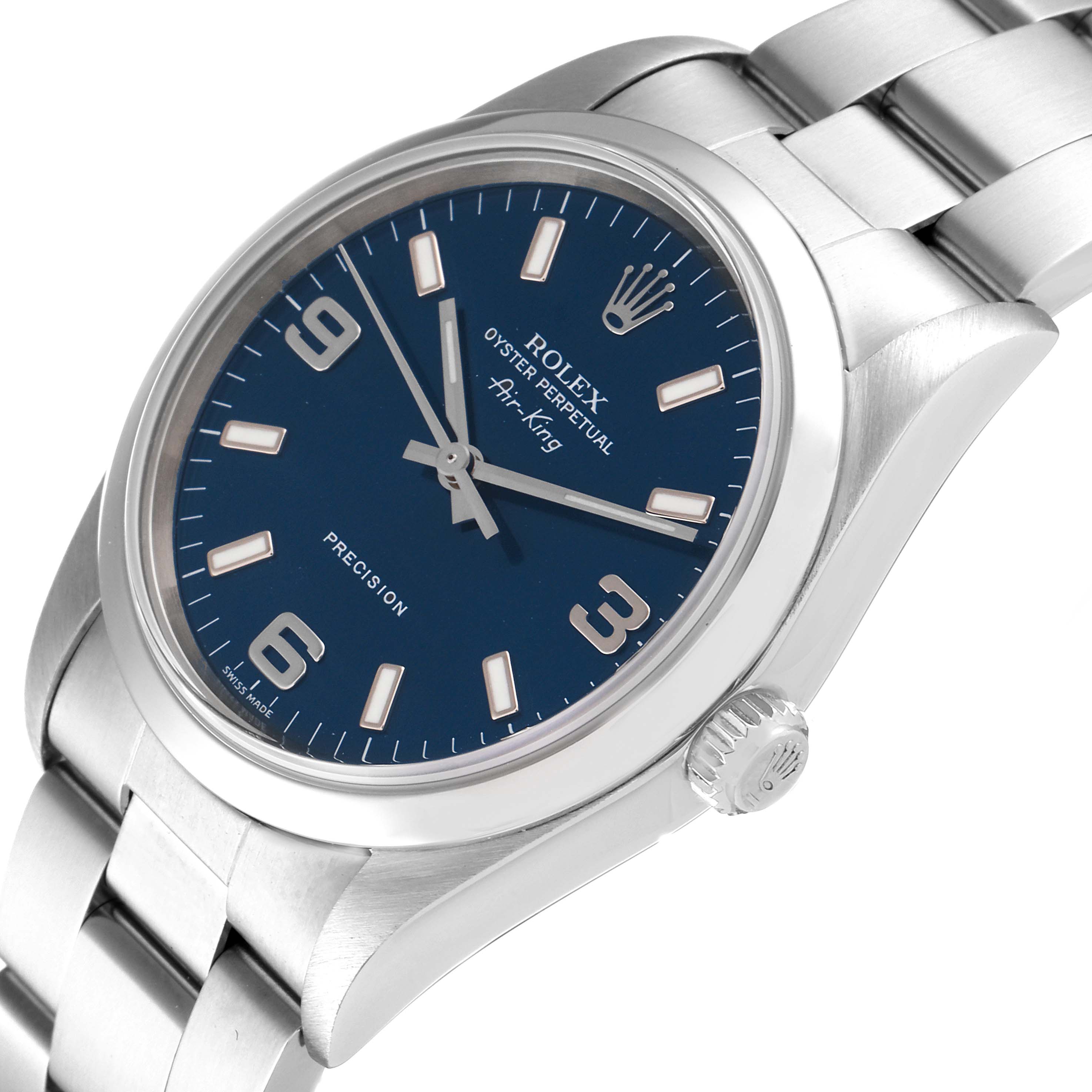 The Rolex Air-King 14000 Men's Stainless Steel Blue Dial 14000 Men's Stainless Steel Blue Dial watch is shown at an angle, highlighting its blue dial, stainless steel case, and bracelet.