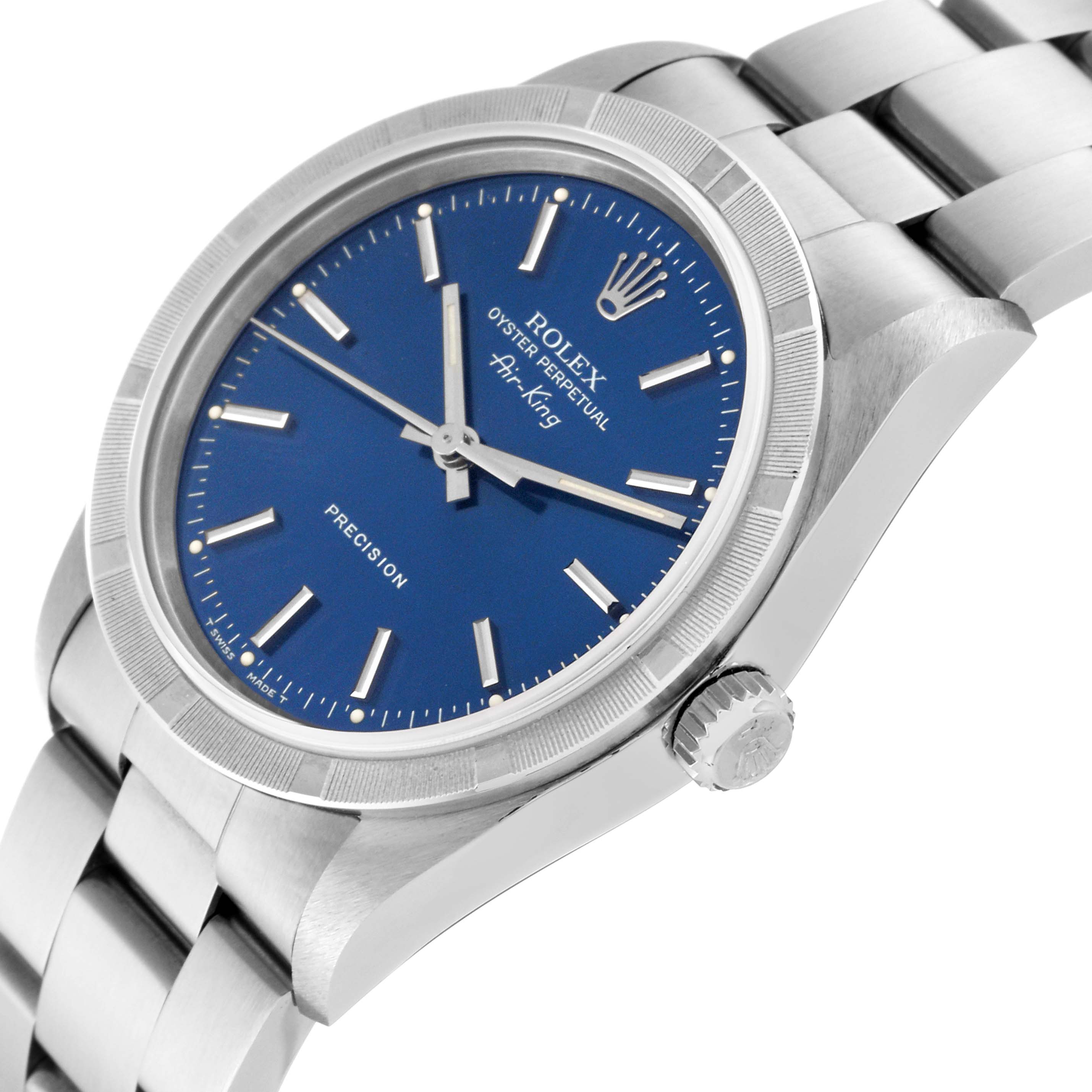 This image shows a Rolex Air-King 14010 Men's Stainless Steel Blue Dial 14010 Men's Stainless Steel Blue Dial watch angled to display the dial, bezel, crown, and part of the bracelet.