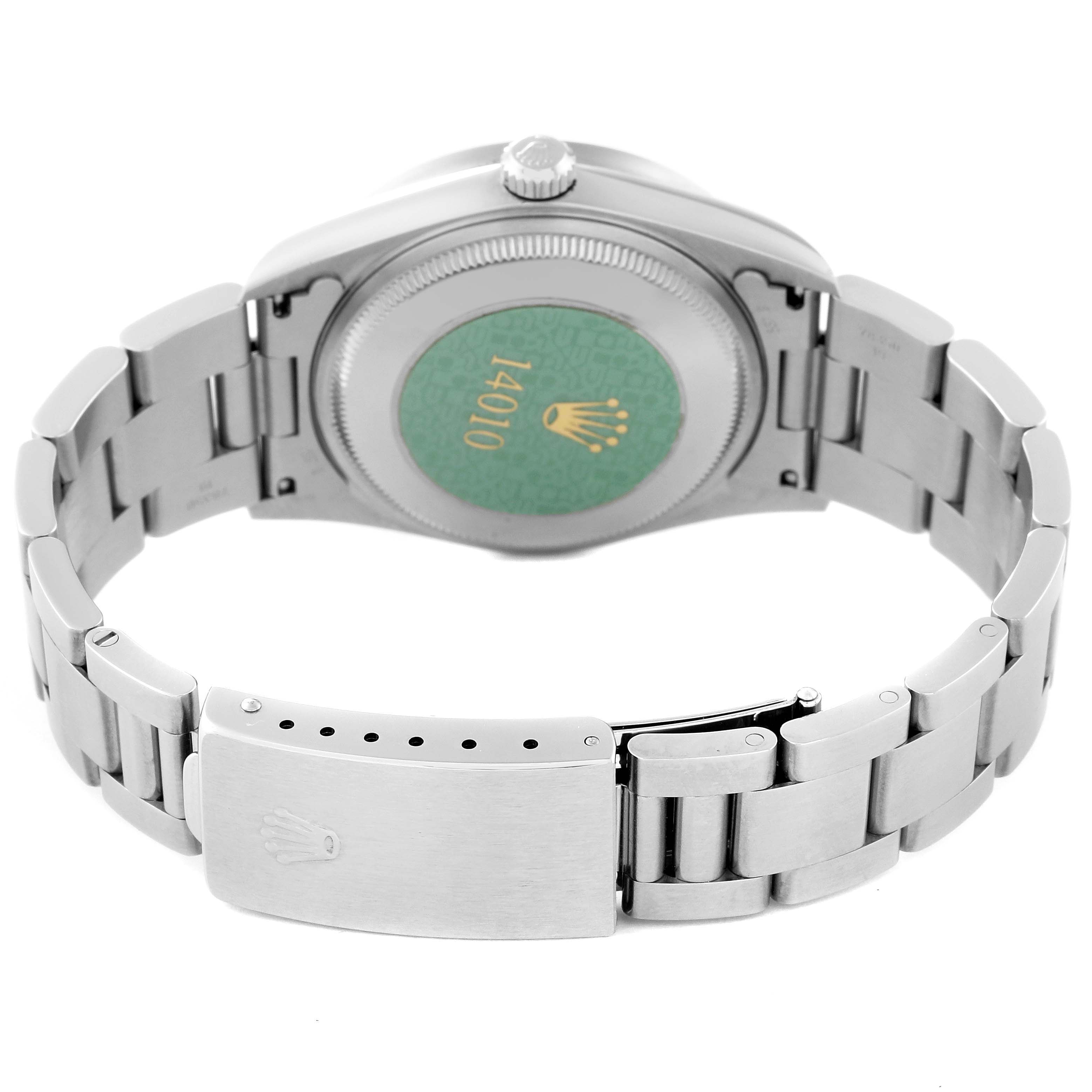 The image shows the back and bracelet clasp of a Rolex Air-King 14010 Men's Stainless Steel Blue Dial 14010 Men's Stainless Steel Blue Dial watch, captured from a rear angle.