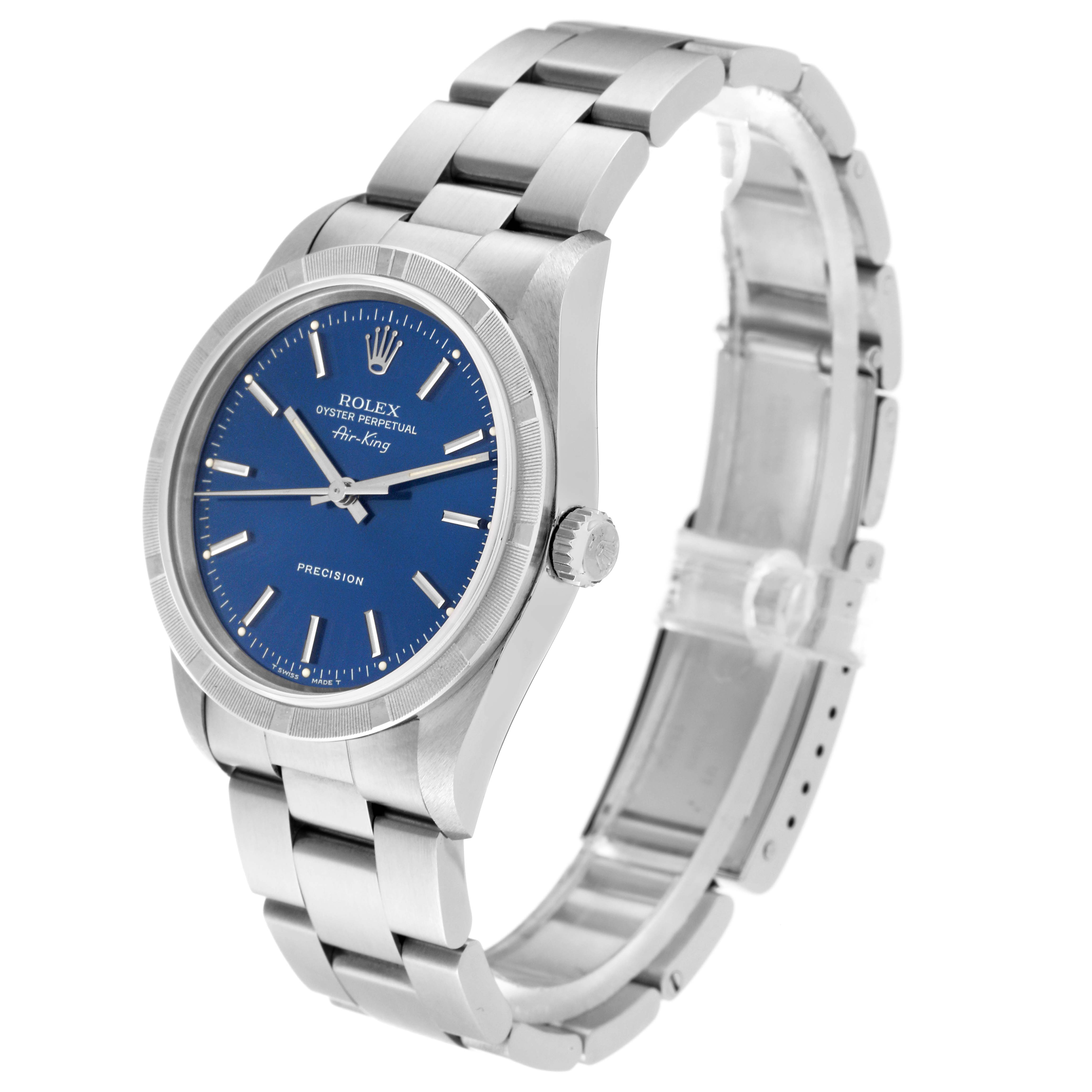 This image shows a side angle of the Rolex Air-King 14010 Men's Stainless Steel Blue Dial 14010 Men's Stainless Steel Blue Dial watch, highlighting its bracelet, case, and blue dial.