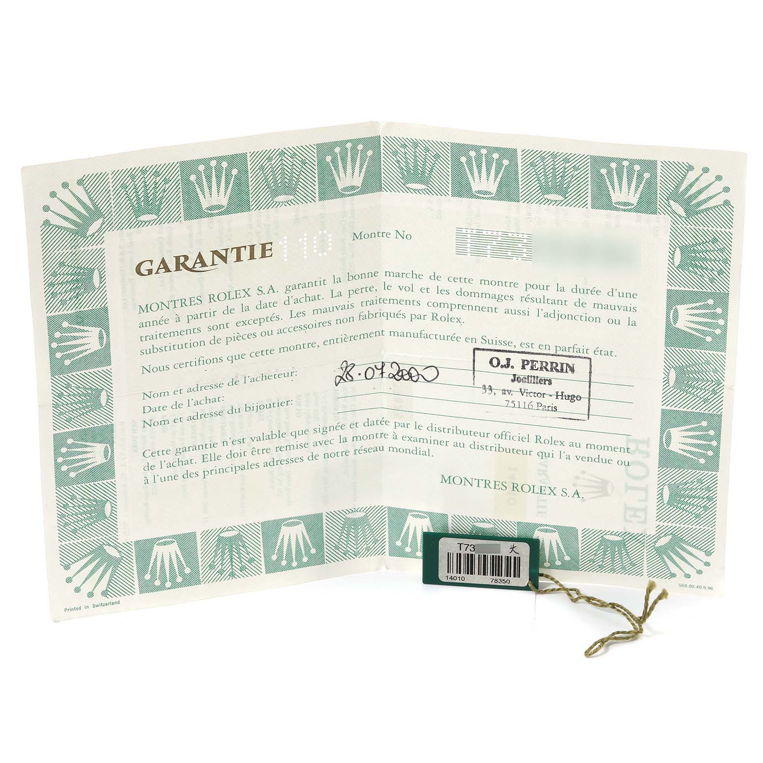 This image shows the warranty certificate and tag for the Rolex Air-King 14010 Men's Stainless Steel Blue Dial 14010 Men's Stainless Steel Blue Dial watch, displayed open and slightly angled.