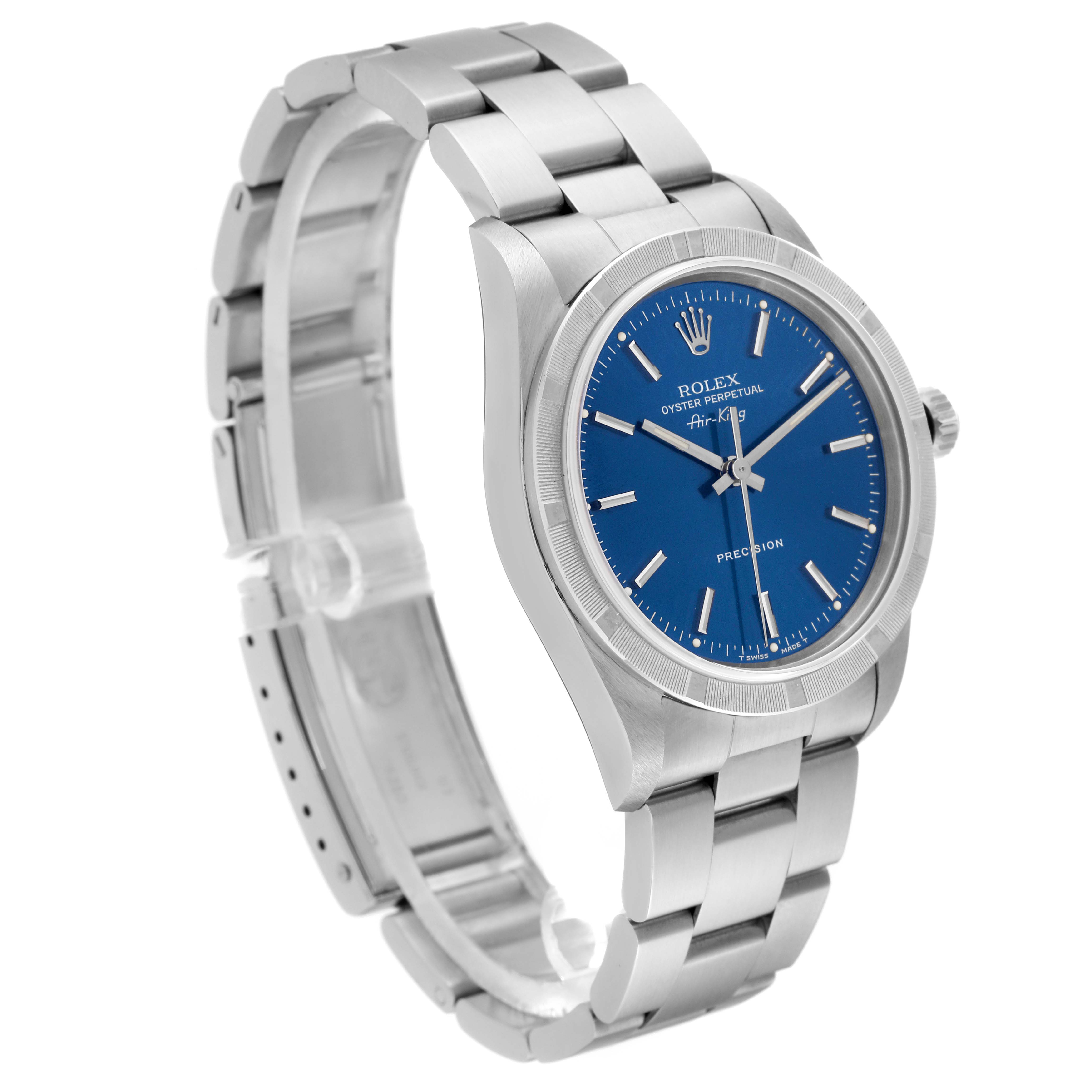 This Rolex Air-King 14010 Men's Stainless Steel Blue Dial 14010 Men's Stainless Steel Blue Dial watch is shown at a three-quarter angle, displaying its blue dial, case, and bracelet.