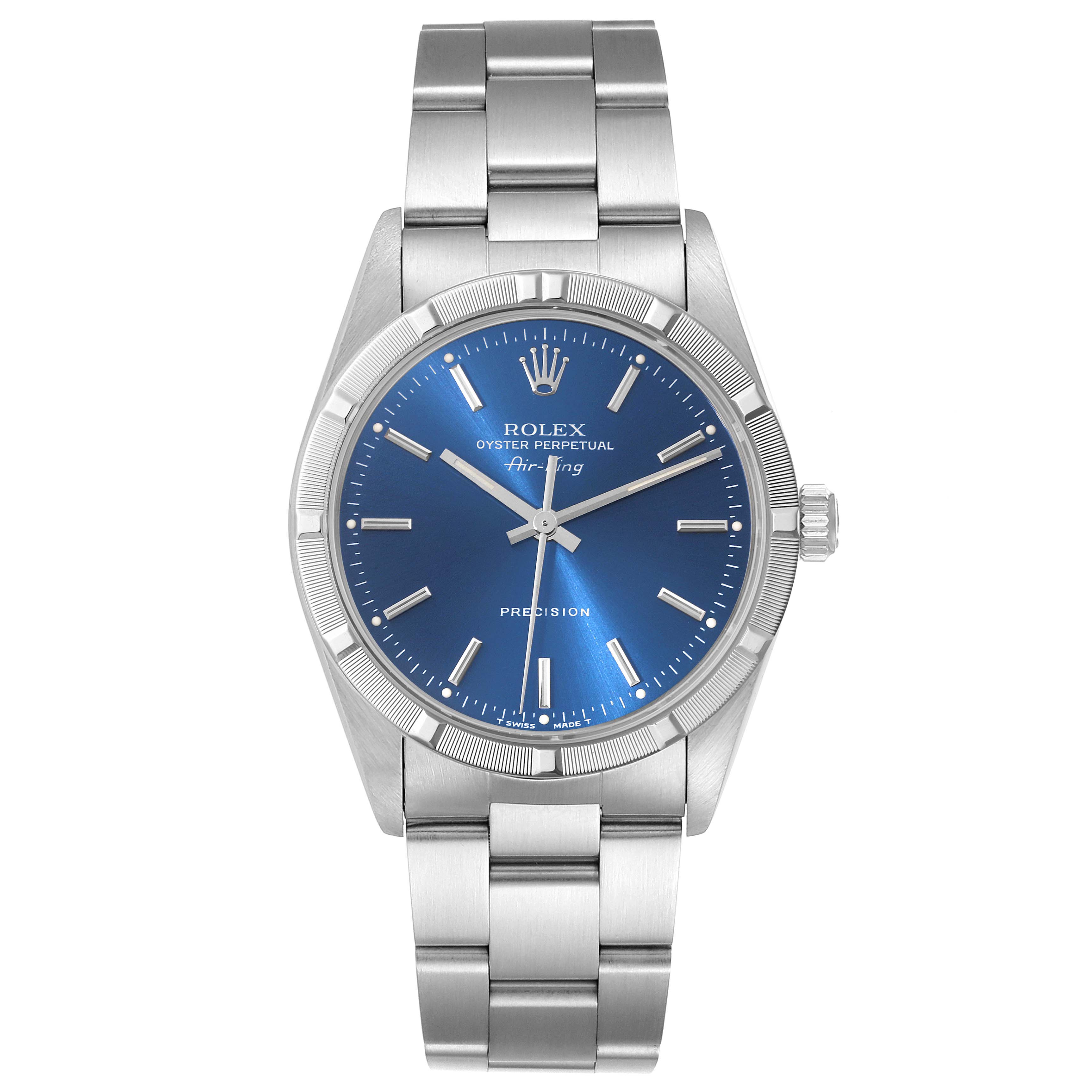 The image shows a frontal view of the Rolex Air-King 14010 Men's Stainless Steel Blue Dial 14010 Men's Stainless Steel Blue Dial watch, displaying the blue dial, bezel, case, bracelet, and crown.