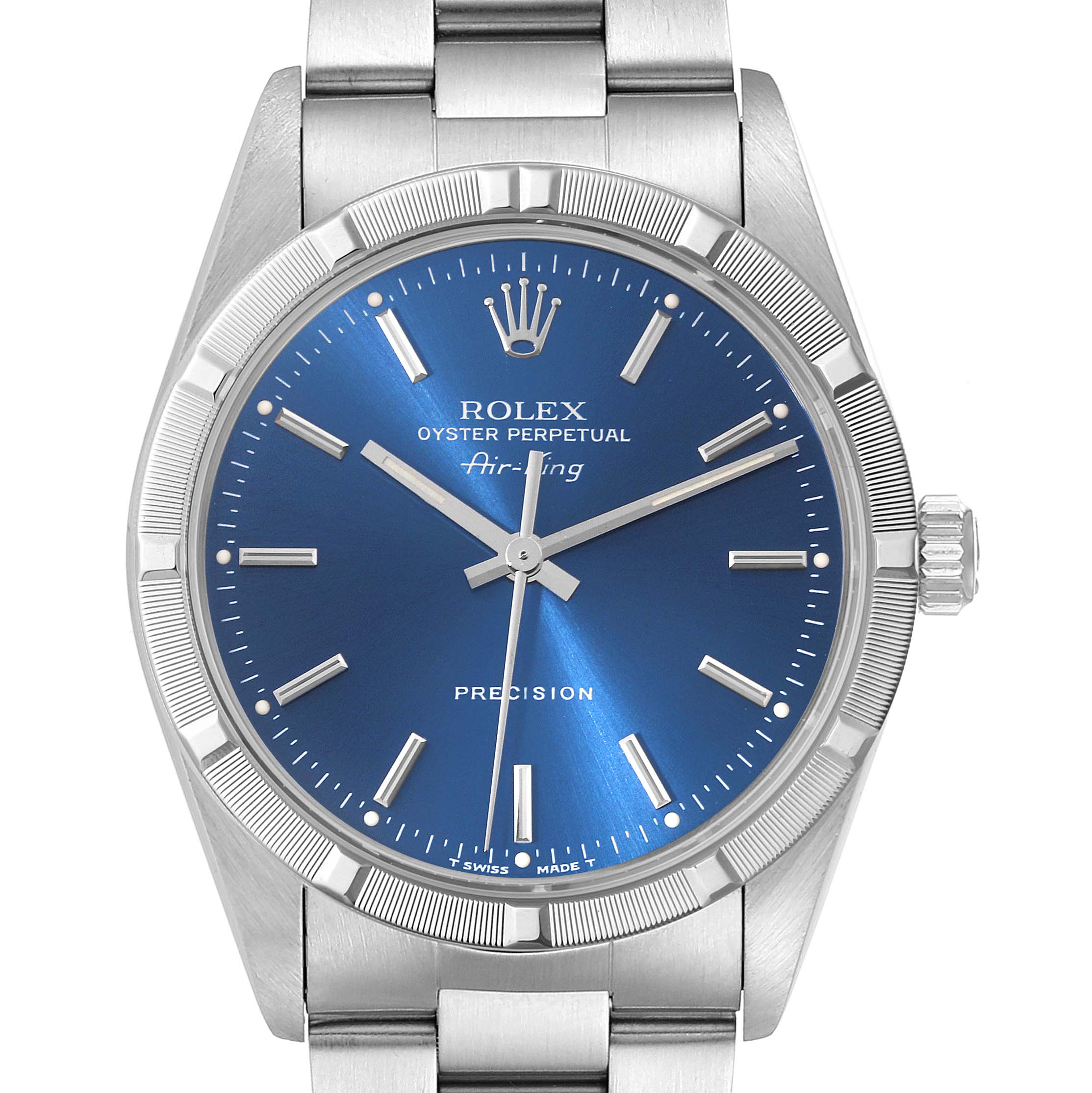 This is a close-up shot of the Rolex Air-King 14010 Men's Stainless Steel Blue Dial 14010 Men's Stainless Steel Blue Dial watch, showing the blue dial, hands, indices, bezel, and crown.