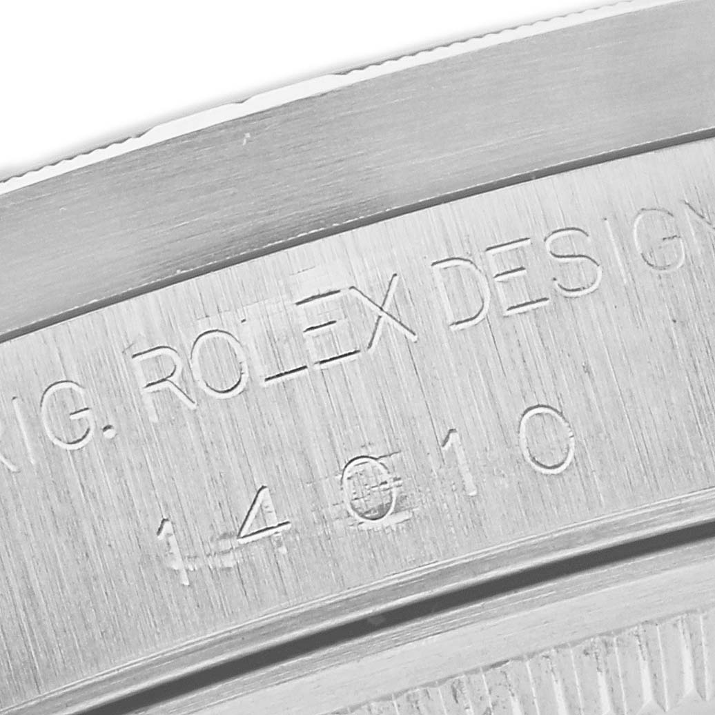 The image shows a close-up of the side engraving on a Rolex Air-King 14010 Men's Stainless Steel Blue Dial 14010 Men's Stainless Steel Blue Dial watch, displaying the model and brand information.