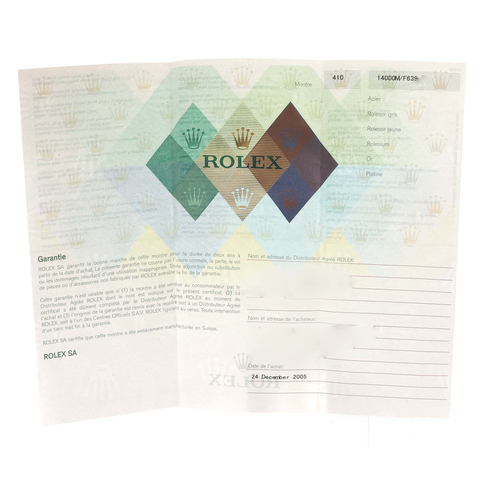 The image shows the warranty certificate of a Rolex Air-King 14000 Men's Stainless Steel Silver Dial 14000 Men's Stainless Steel Silver Dial watch, including the brand logo and warranty details.