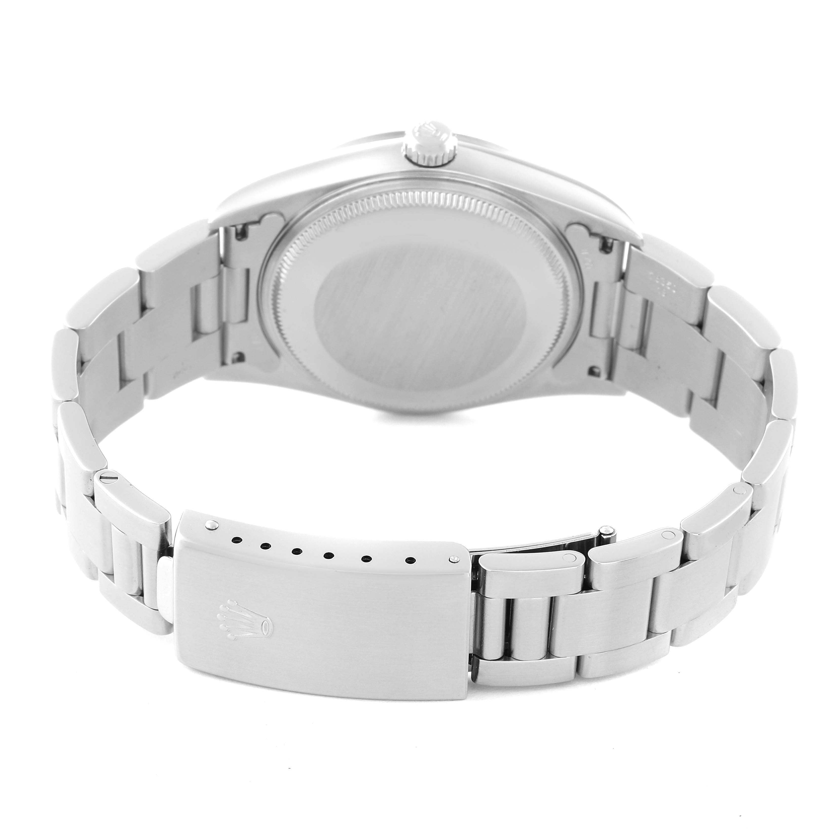 This image shows the back case and bracelet of a Rolex Air-King 14000 Men's Stainless Steel Silver Dial 14000 Men's Stainless Steel Silver Dial watch, viewed from the rear angle.