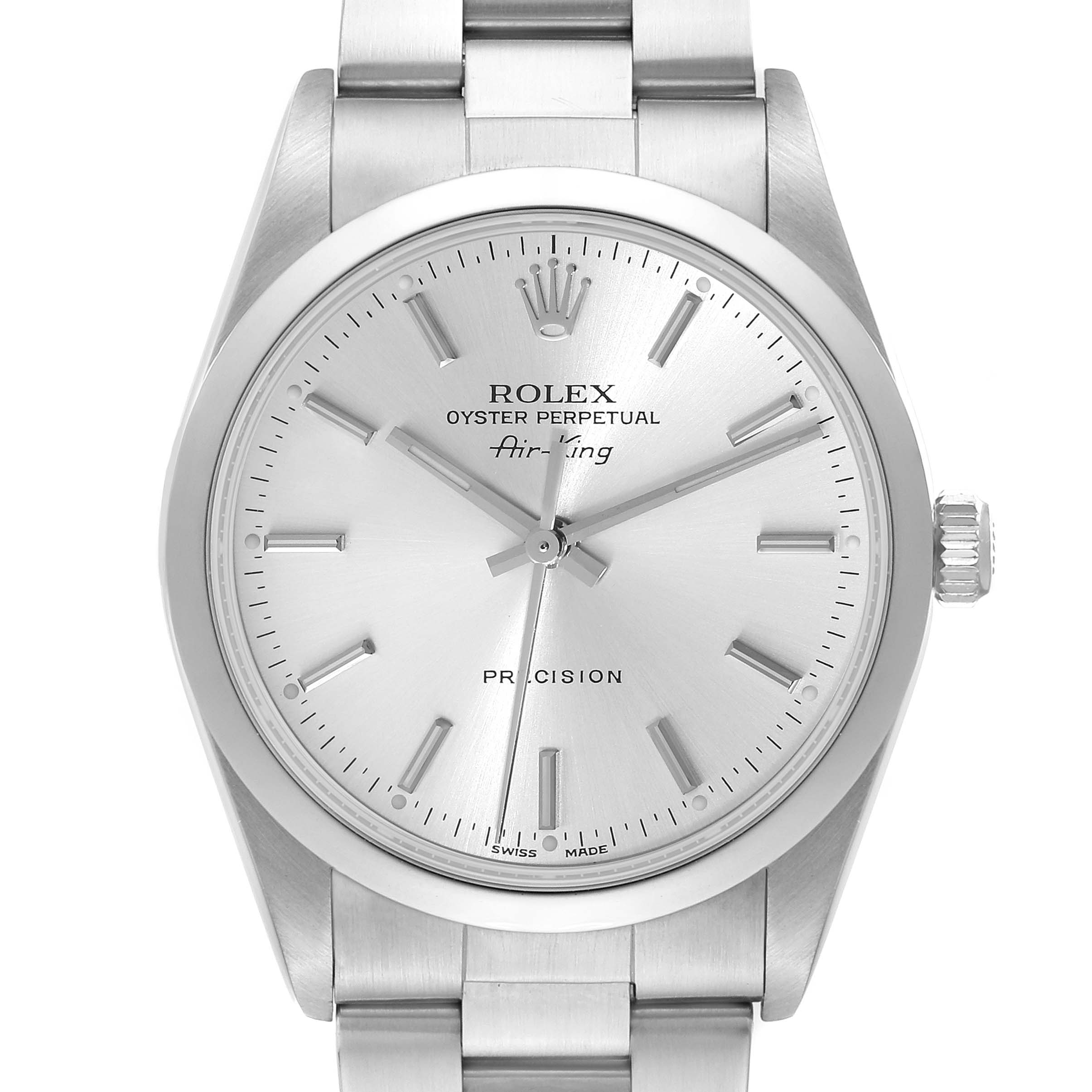 The image shows a front view of a Rolex Air-King 14000 Men's Stainless Steel Silver Dial 14000 Men's Stainless Steel Silver Dial watch, displaying its dial, hour markers, hands, crown, and part of the bracelet.