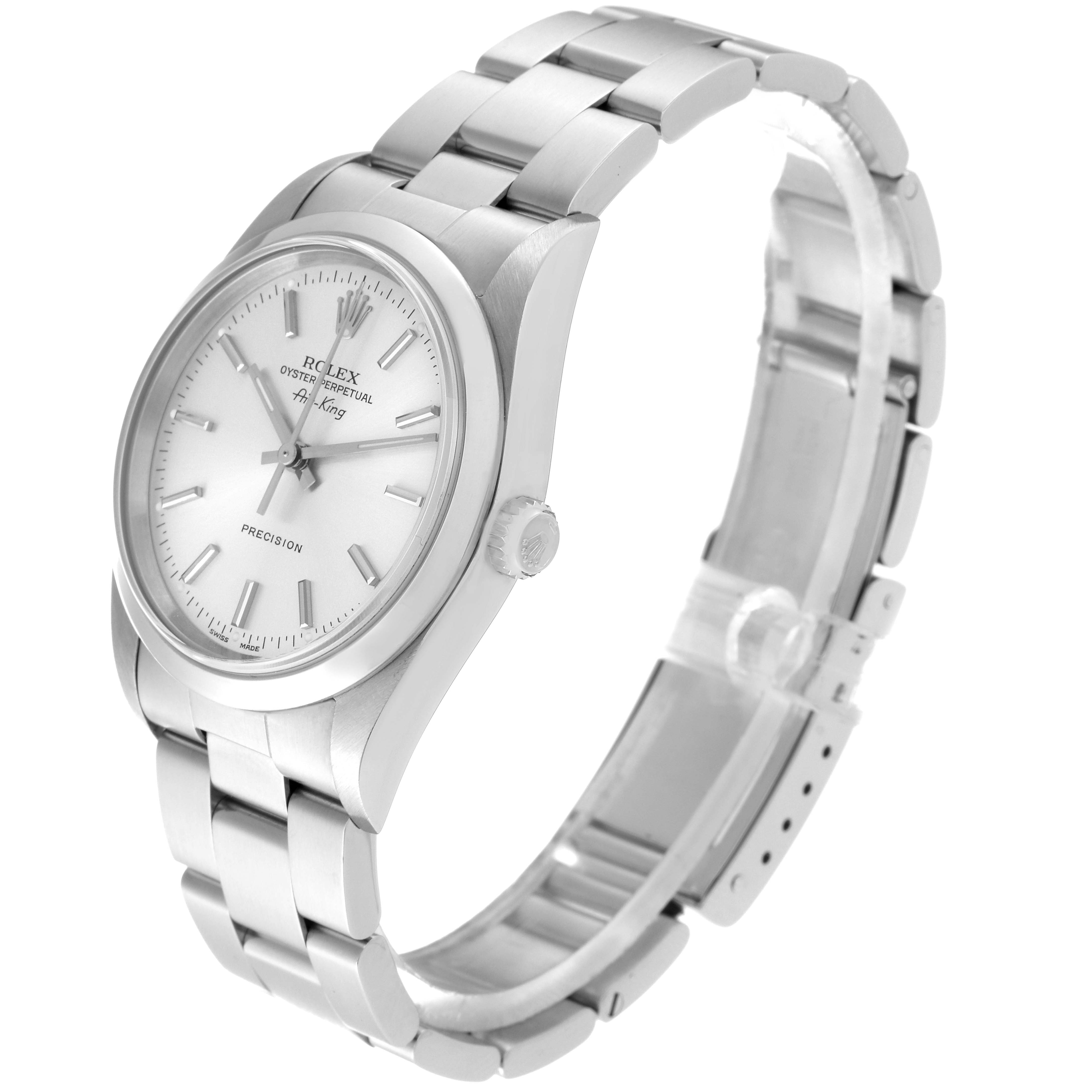 The image shows a Rolex Air-King 14000 Men's Stainless Steel Silver Dial 14000 Men's Stainless Steel Silver Dial watch, angled to display the face, crown, and metal bracelet.