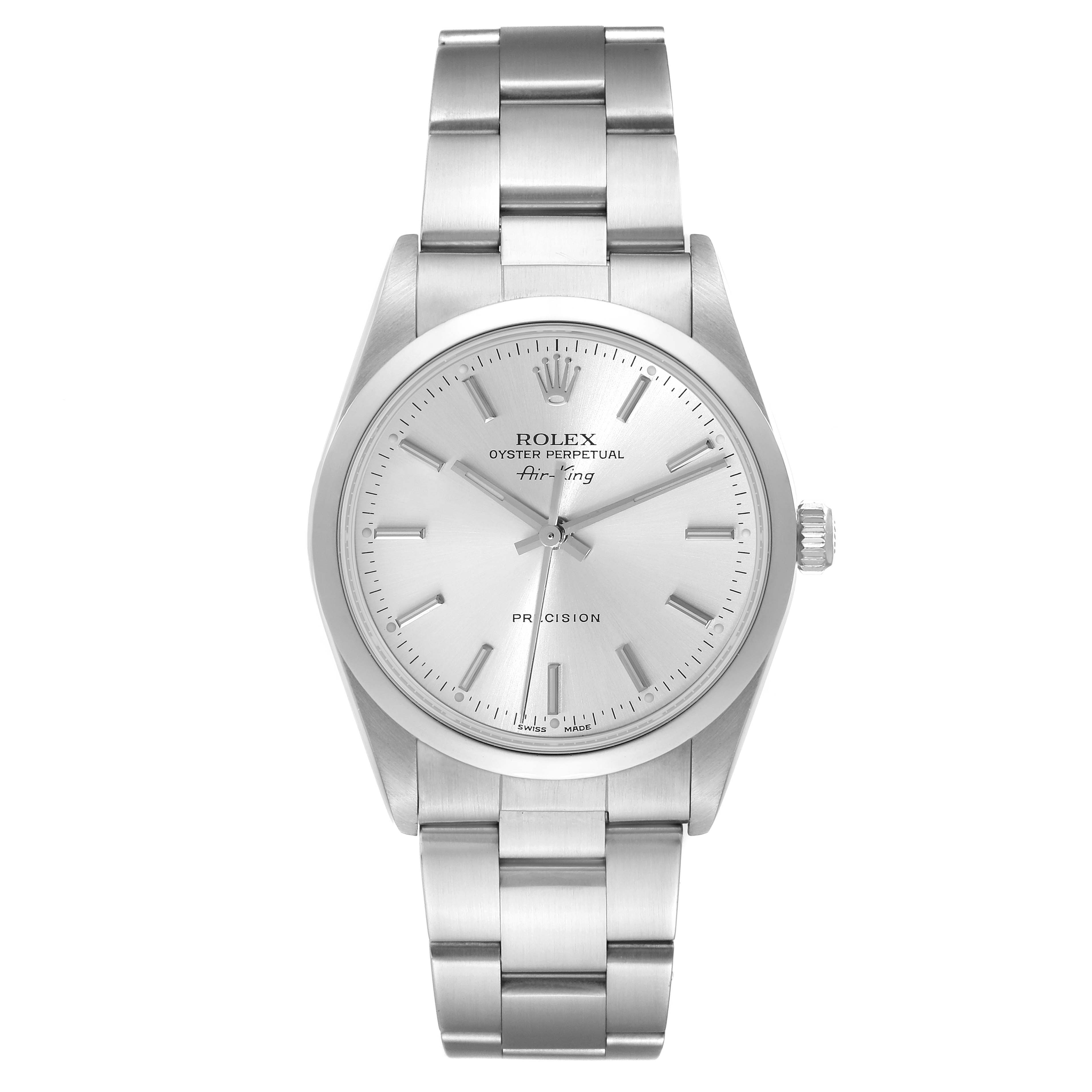 The image shows the front view of a Rolex Air-King 14000 Men's Stainless Steel Silver Dial 14000 Men's Stainless Steel Silver Dial watch, displaying the dial, hands, crown, and part of the bracelet.