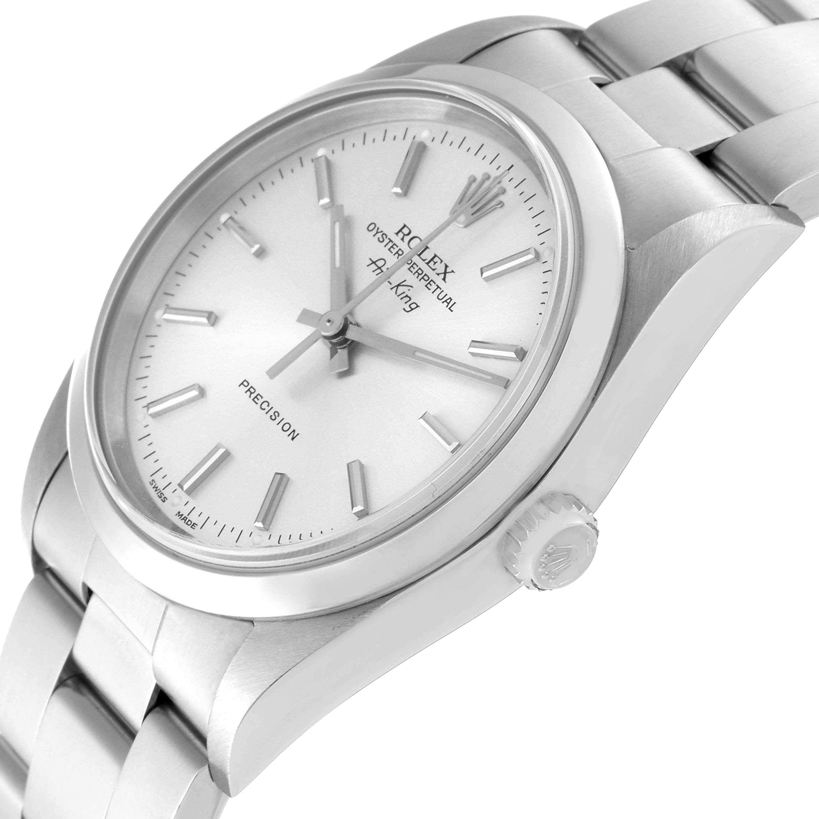 The Rolex Air-King 14000 Men's Stainless Steel Silver Dial 14000 Men's Stainless Steel Silver Dial watch is shown at a slight angle, highlighting the dial, case, crown, and part of the bracelet.