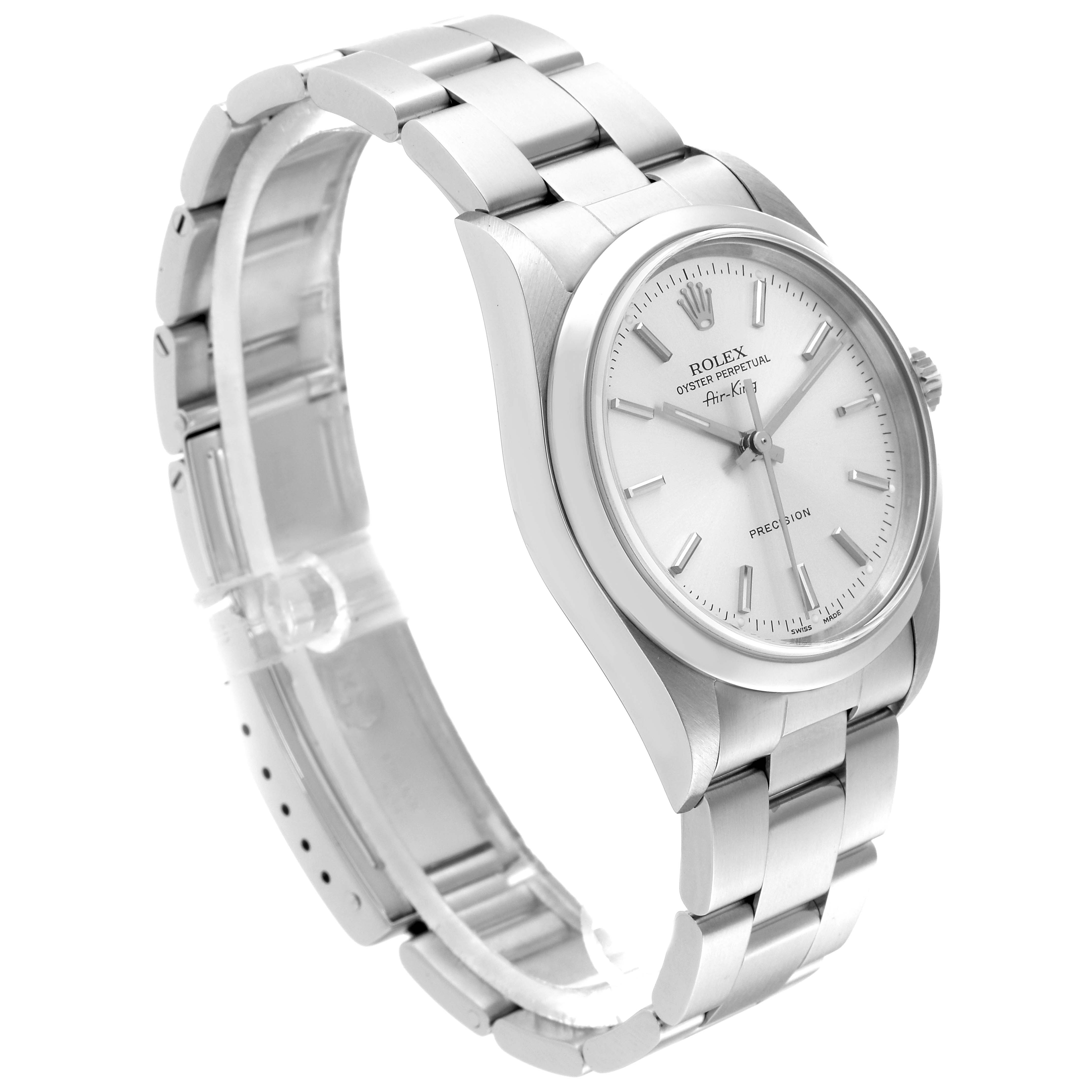 This image shows a Rolex Air-King 14000 Men's Stainless Steel Silver Dial 14000 Men's Stainless Steel Silver Dial watch, angled from the front-left, highlighting the dial, bezel, and stainless steel bracelet.