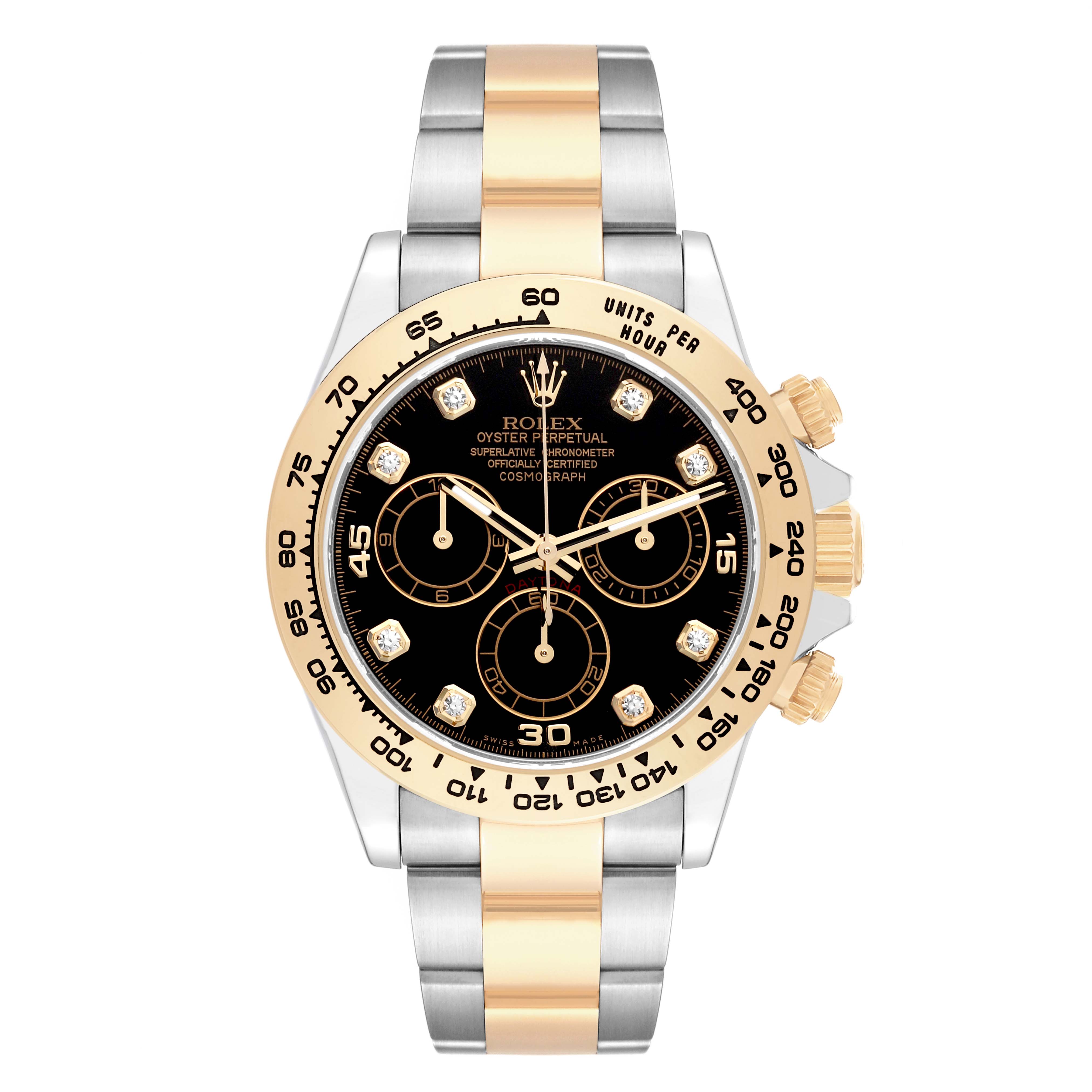 This image shows a frontal view of a Rolex Daytona 116503 Men
s Steel and Gold (two tone) Black Dial 116503 Men
s Steel and Gold (two tone) Black Dial watch, highlighting its black dial, gold bezel, and two-tone bracelet.