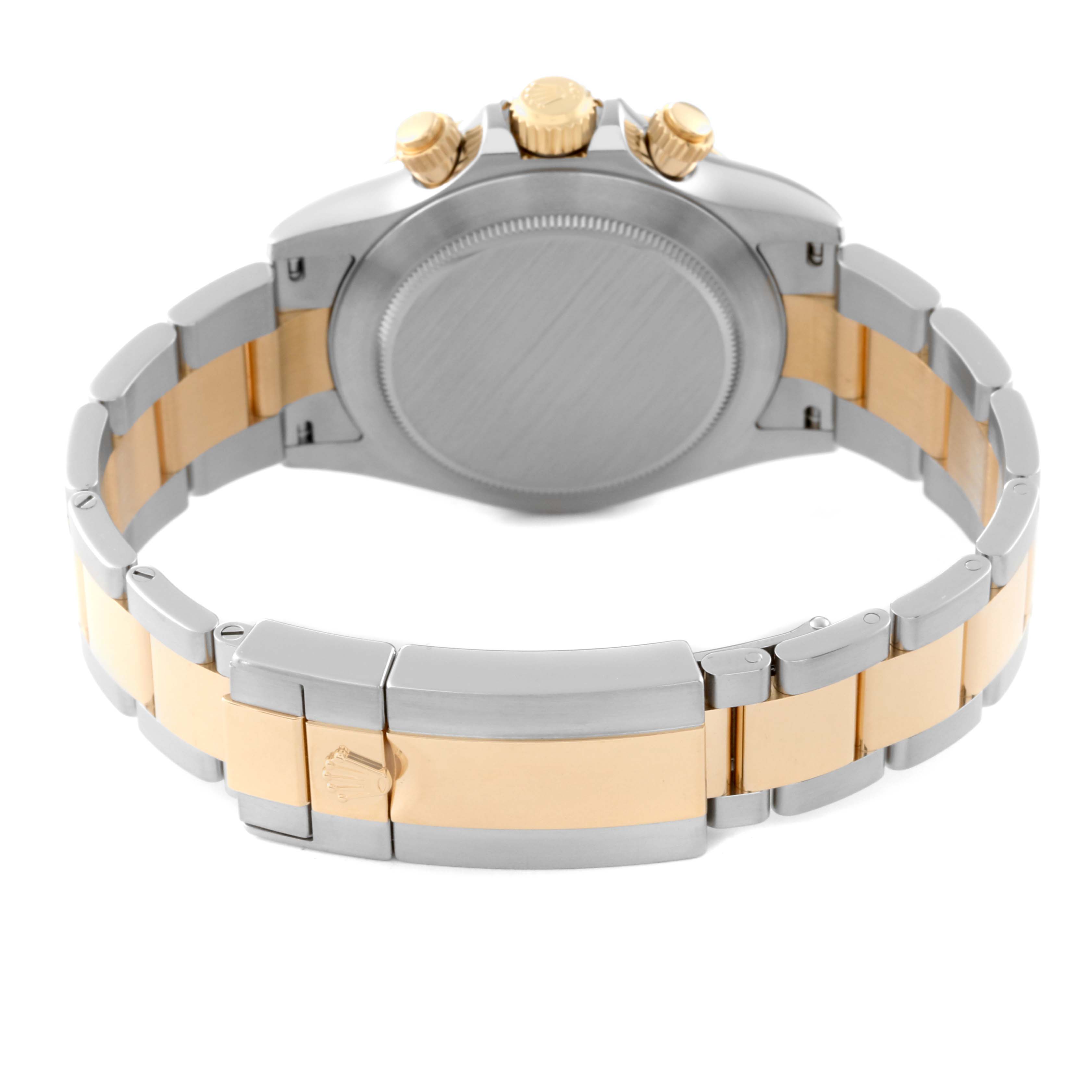 The image shows the back and clasp of a Rolex Daytona 116503 Men
s Steel and Gold (two tone) Black Dial 116503 Men
s Steel and Gold (two tone) Black Dial watch, highlighting the two-tone metal bracelet and the crown logo on the clasp.