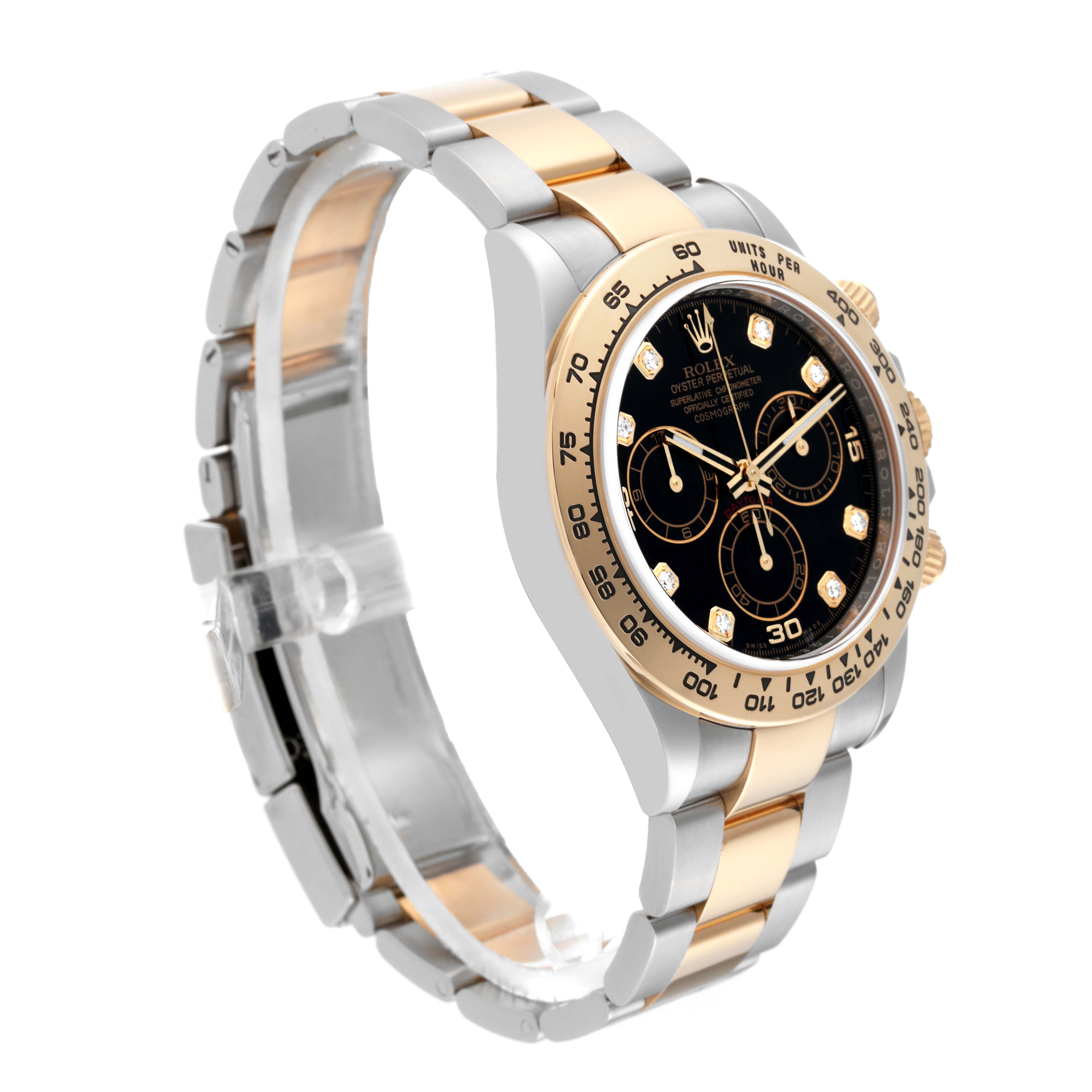 The Rolex Daytona 116503 Men
s Steel and Gold (two tone) Black Dial 116503 Men
s Steel and Gold (two tone) Black Dial watch is shown at a three-quarter angle, highlighting the two-tone bracelet, bezel, and black dial with subdials.