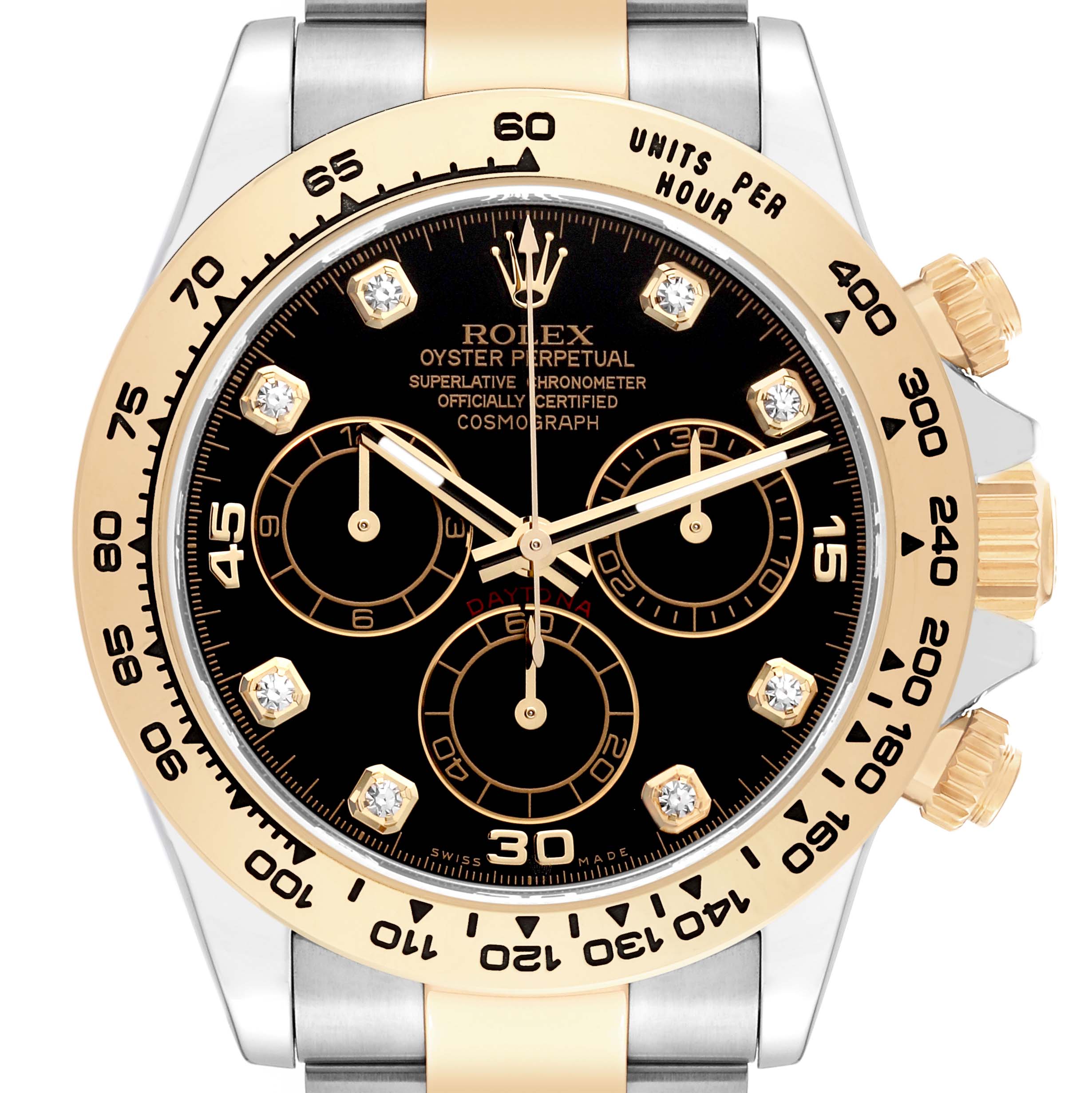 The image shows a front view of the Rolex Daytona 116503 Men
s Steel and Gold (two tone) Black Dial 116503 Men
s Steel and Gold (two tone) Black Dial watch, highlighting the dial, bezel, and part of the bracelet.