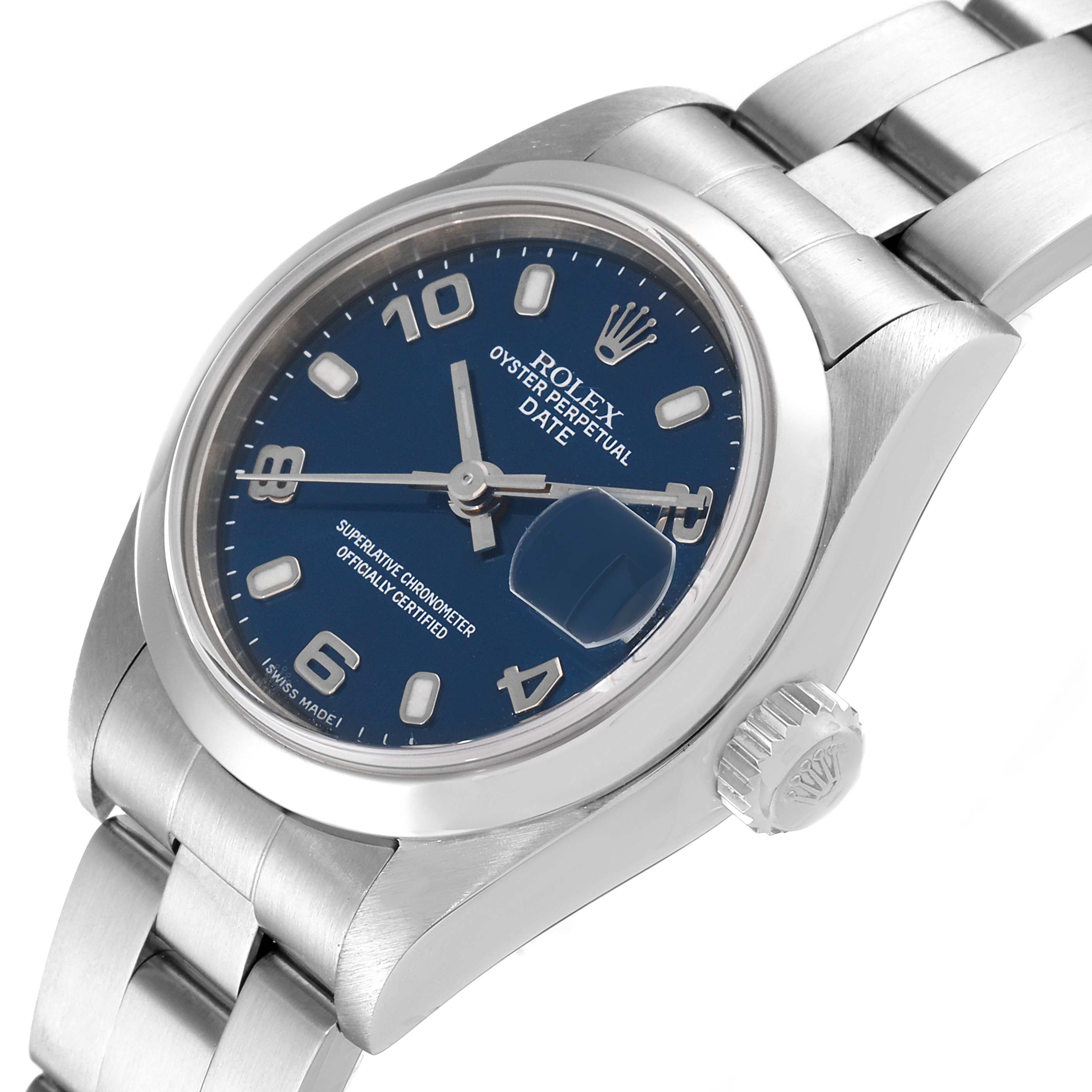 The Rolex Datejust 79160 Women's Stainless Steel Blue Dial 79160 Women's Stainless Steel Blue Dial model is shown from an angled side view, highlighting the dial, crown, and part of the bracelet.