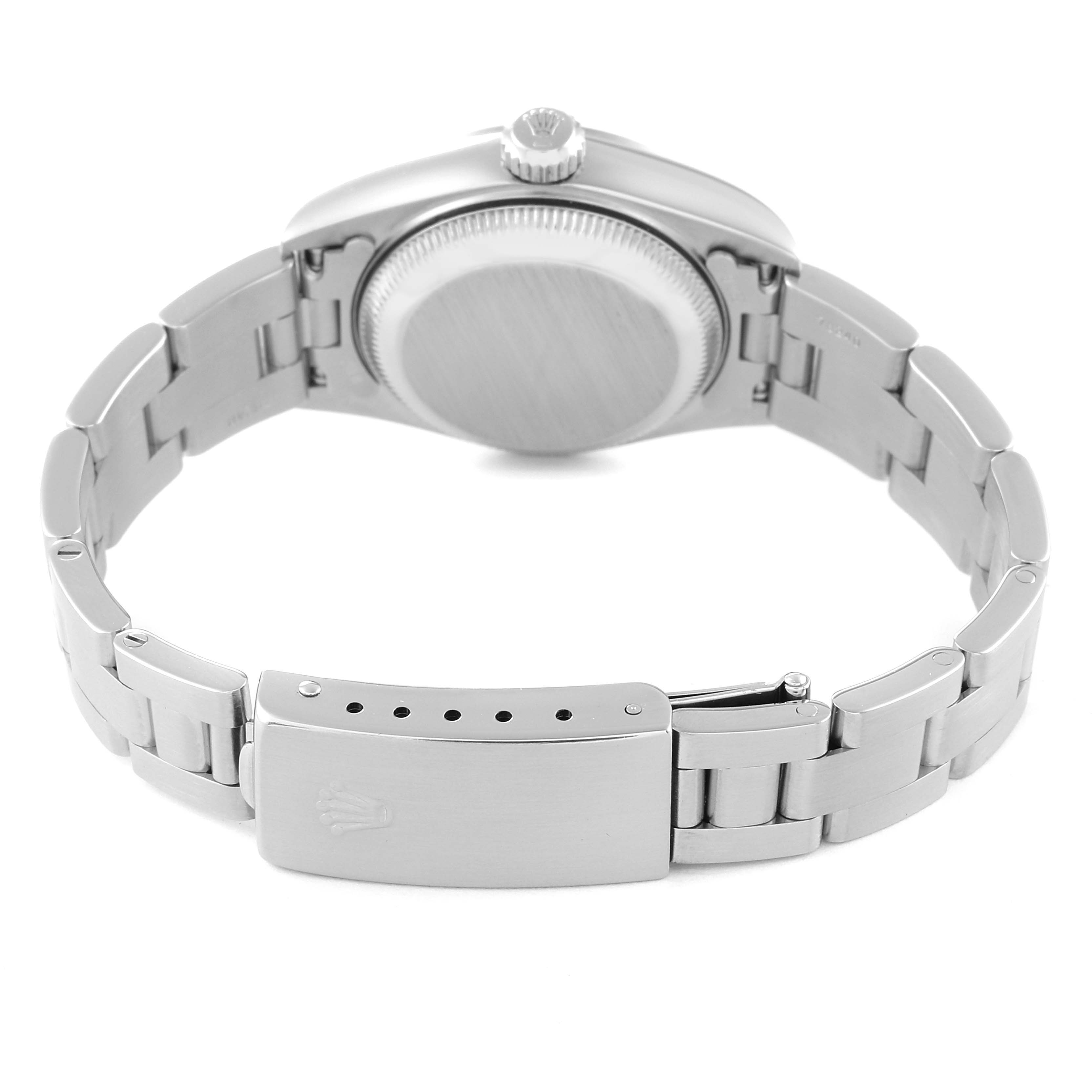 This image shows the back view of a Rolex Datejust 79160 Women's Stainless Steel Blue Dial 79160 Women's Stainless Steel Blue Dial, highlighting the case back, bracelet, and clasp.