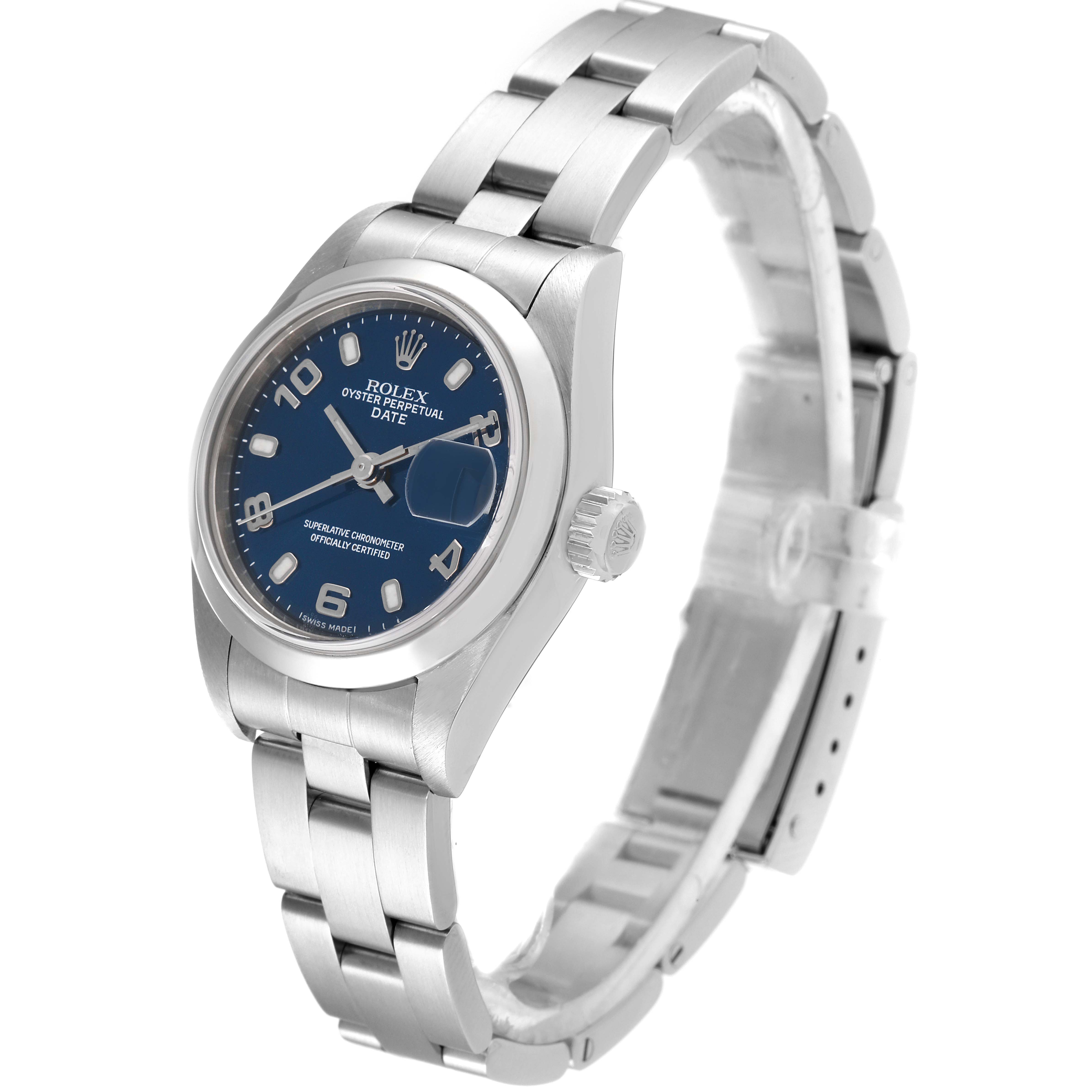 This image shows a side and front angle of the Rolex Datejust 79160 Women's Stainless Steel Blue Dial 79160 Women's Stainless Steel Blue Dial, highlighting its face, crown, and part of the bracelet.