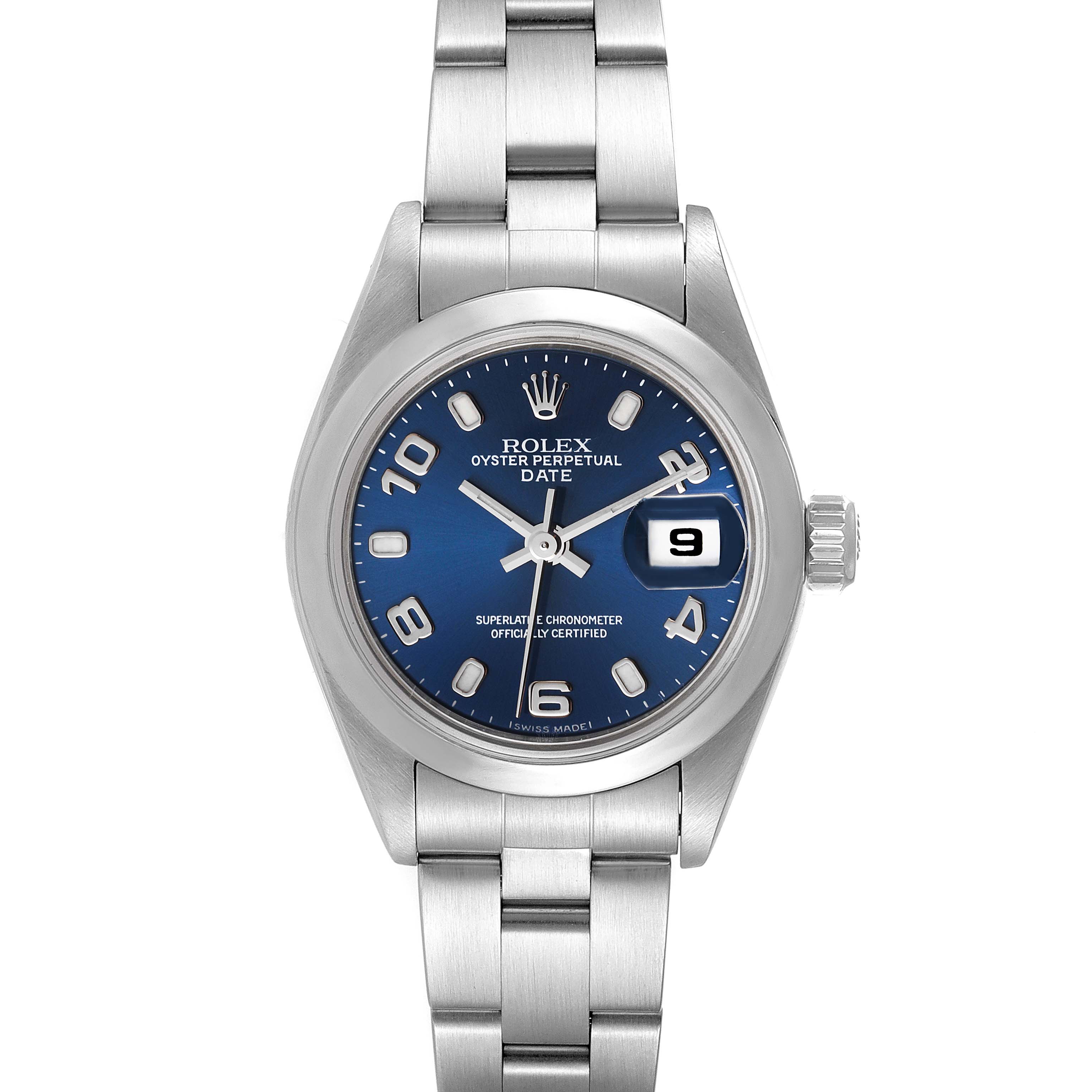 The image shows a Rolex Datejust 79160 Women's Stainless Steel Blue Dial 79160 Women's Stainless Steel Blue Dial watch with a blue dial and silver bracelet, viewed from the front.