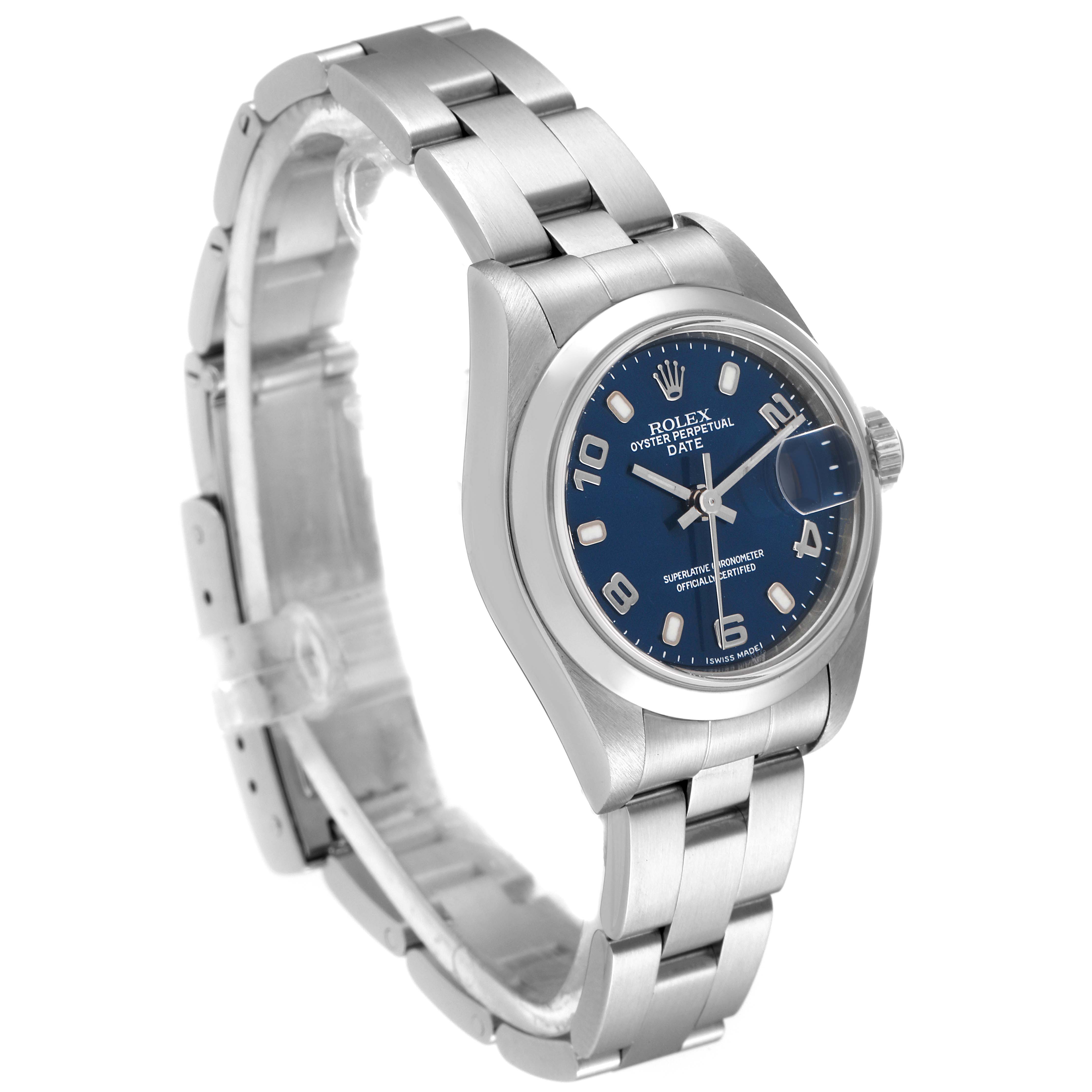 The image shows a side angle of a Rolex Datejust 79160 Women's Stainless Steel Blue Dial 79160 Women's Stainless Steel Blue Dial watch, highlighting its stainless steel bracelet and blue dial.